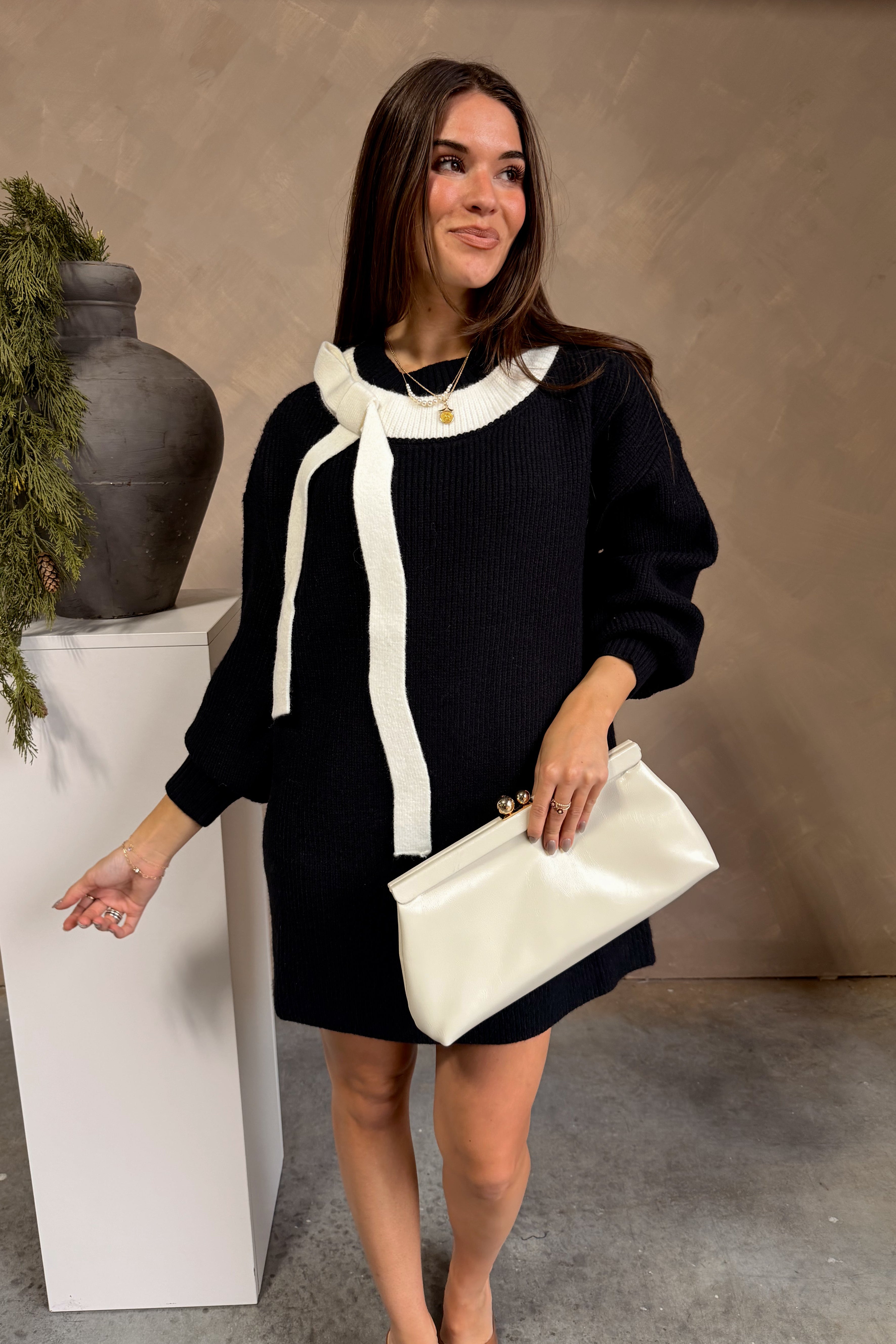 Lenora Black Bow Sweater Dress - front