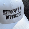 Expensive & Difficult Grey & White Trucker Hat- close up front view