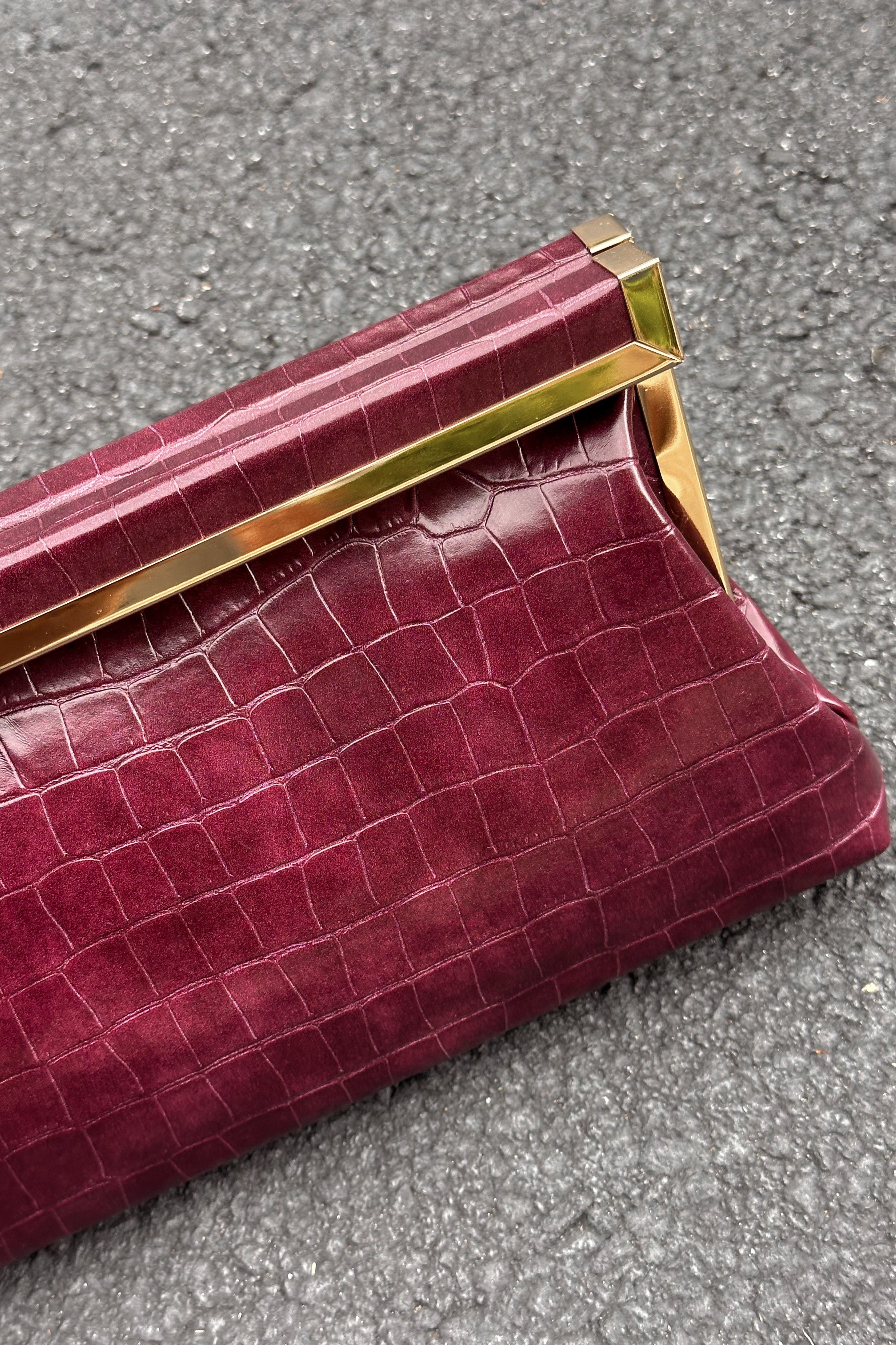 Drea Wine Croc & Gold Clutch Purse- close up frontal side view