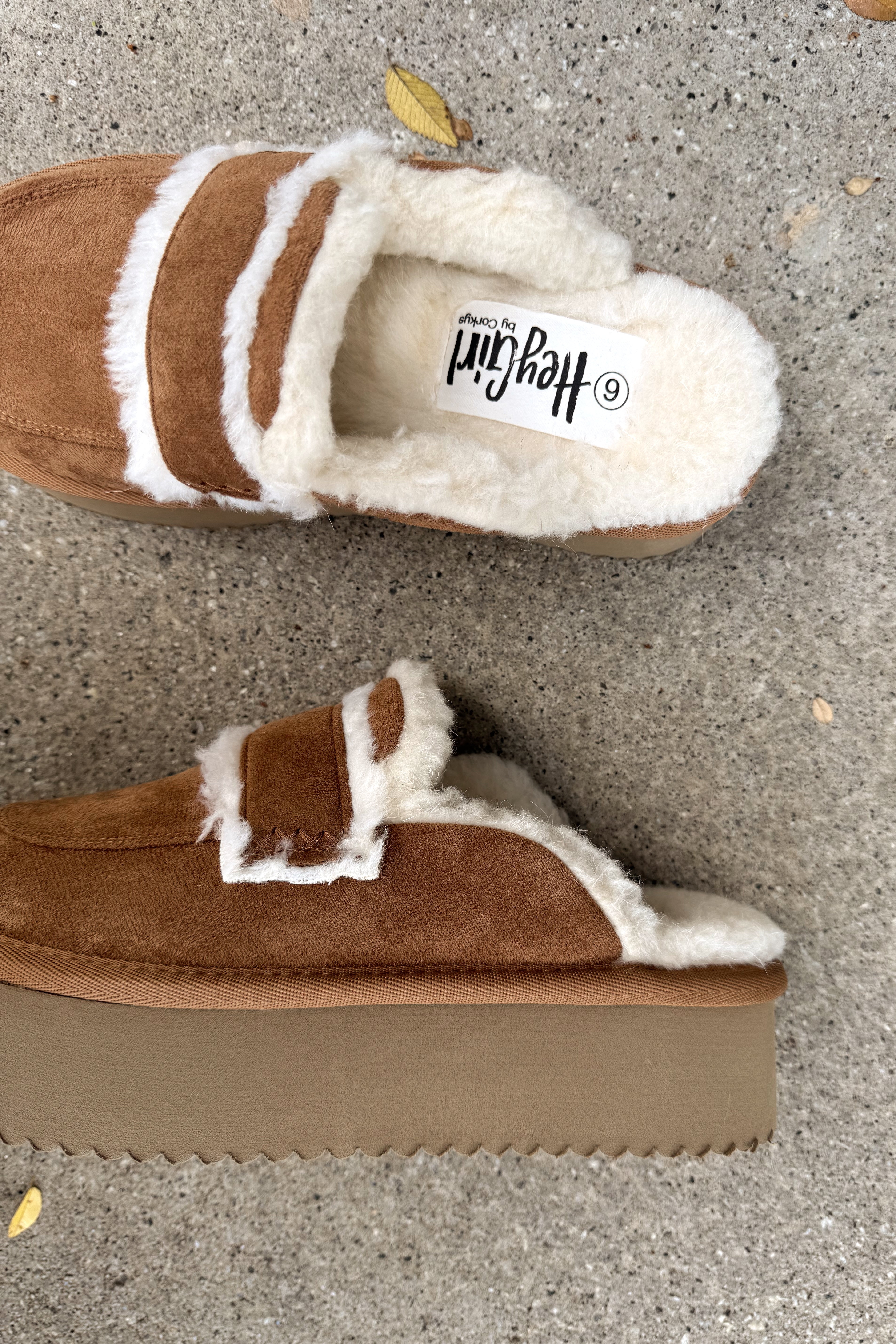 Hey Girl by Corkys Veg Out Camel Suede Platform Clog- close up side view