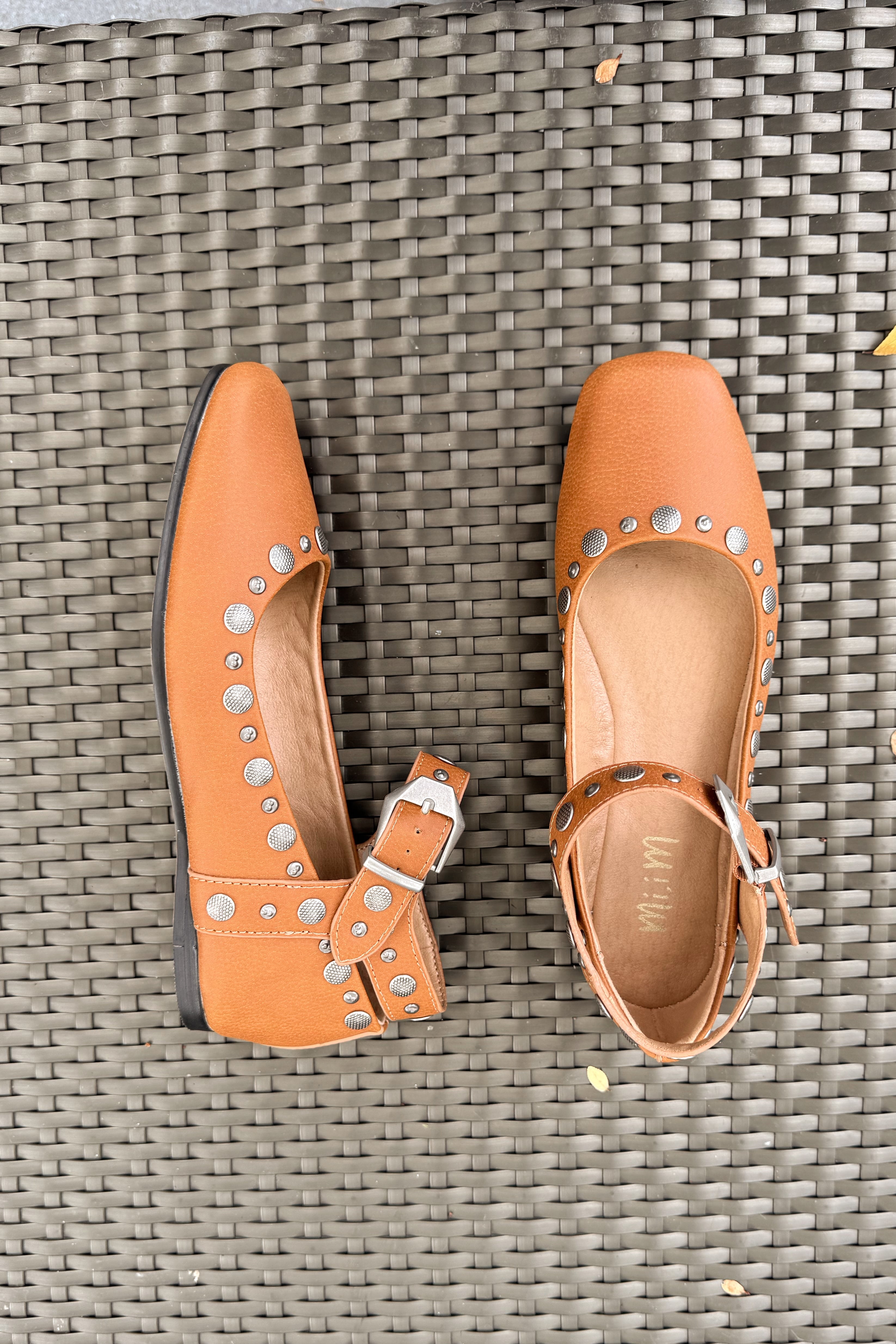Mystic Camel Studded Ankle Strap Flat- flat lay view