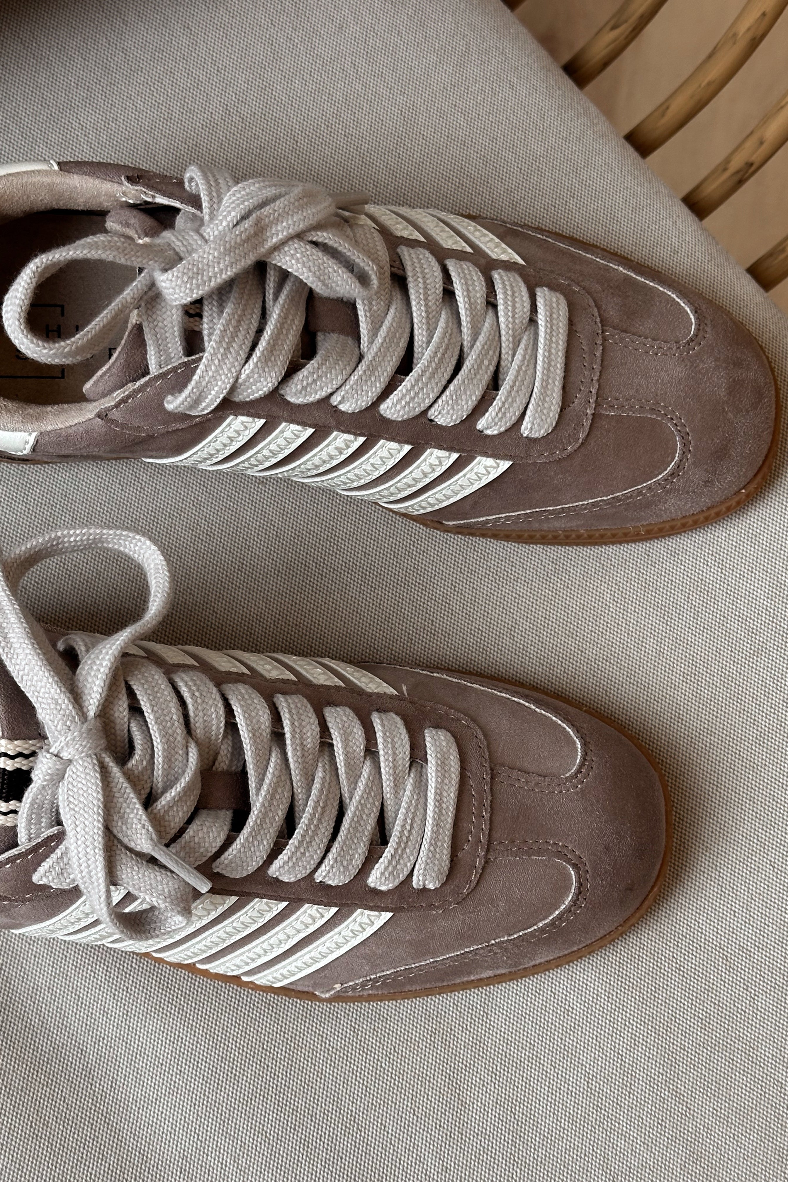 Shu Shop Stevie Taupe Suede Sneaker- close up top view