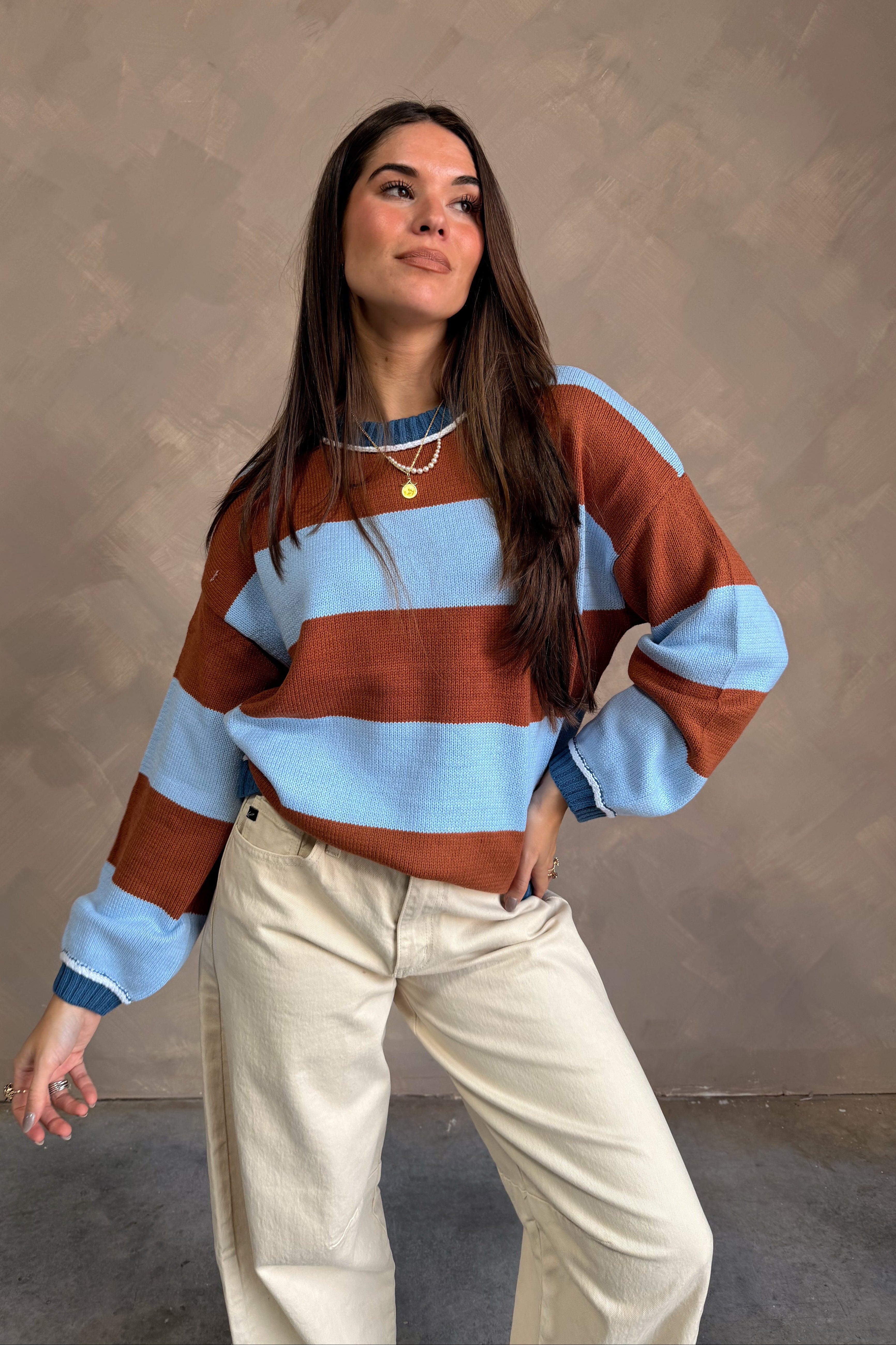 Simone Blue & Rust Striped Sweater - front view