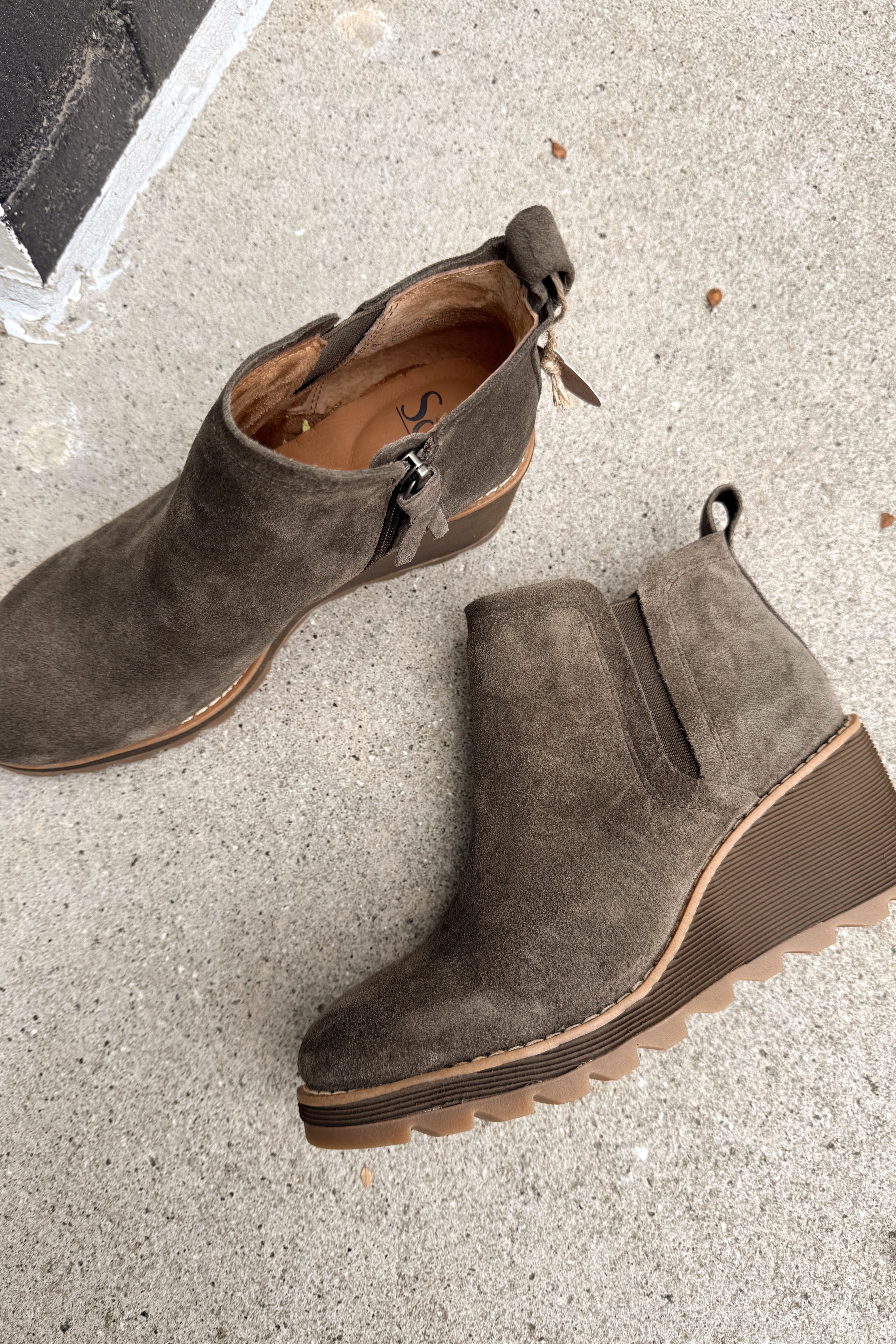 Sofft Emma Dark Taupe Wedge Bootie- flat lay view