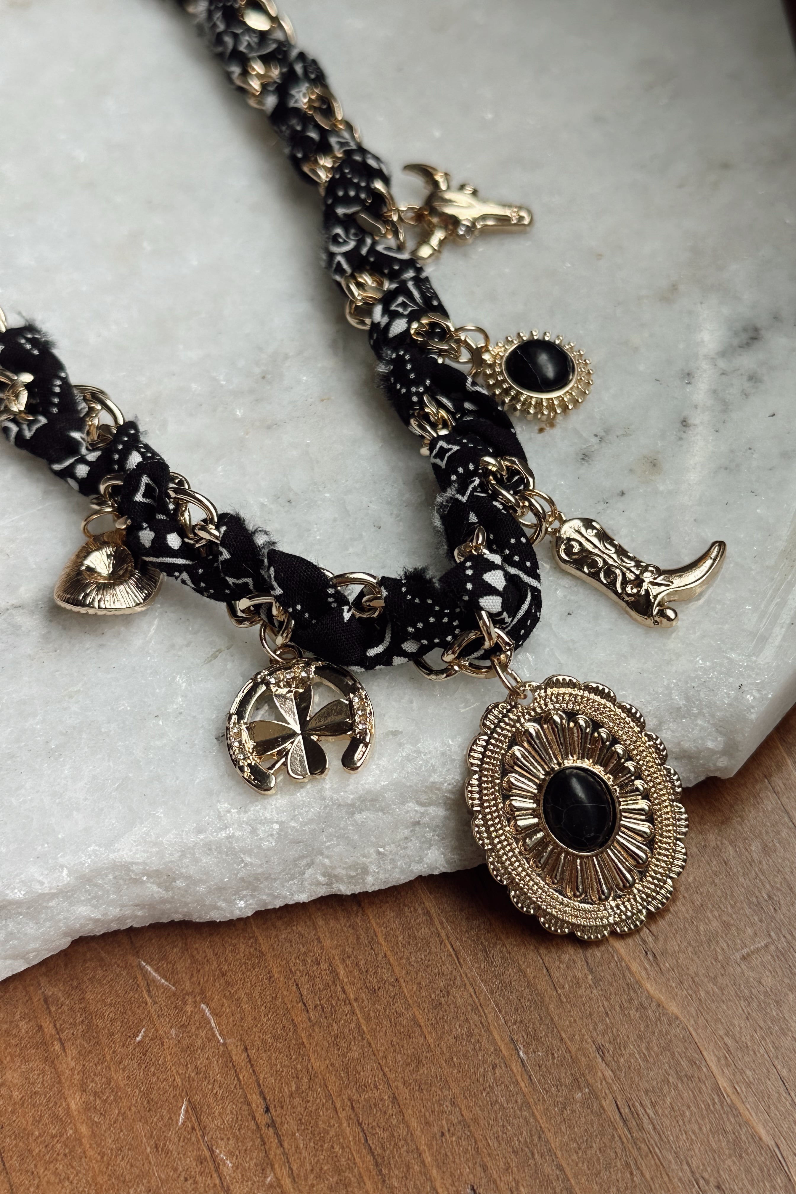 Marlowe Black Scarf & Charms Necklace- close up front view