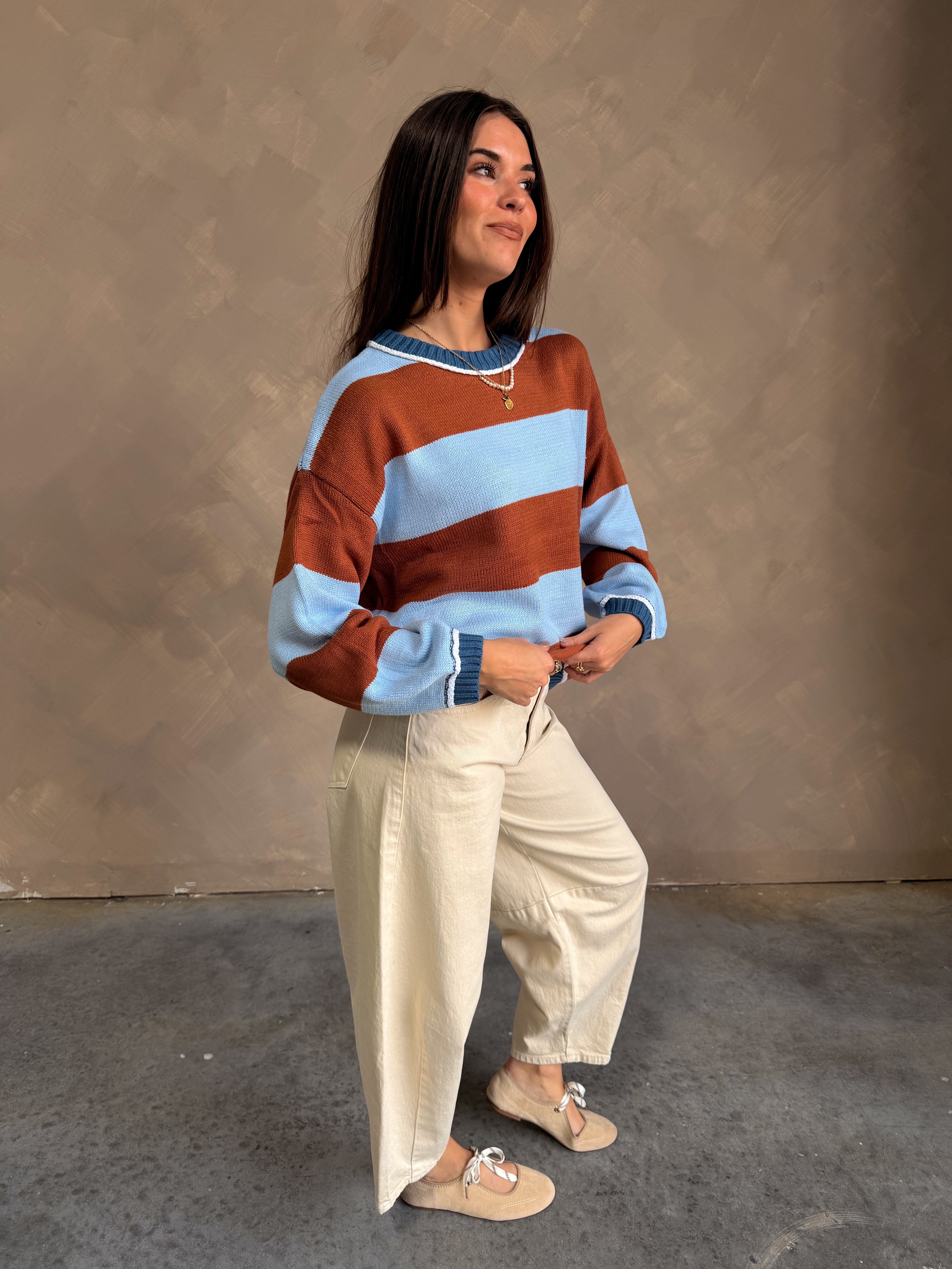 Simone Blue & Rust Striped Sweater - full side view