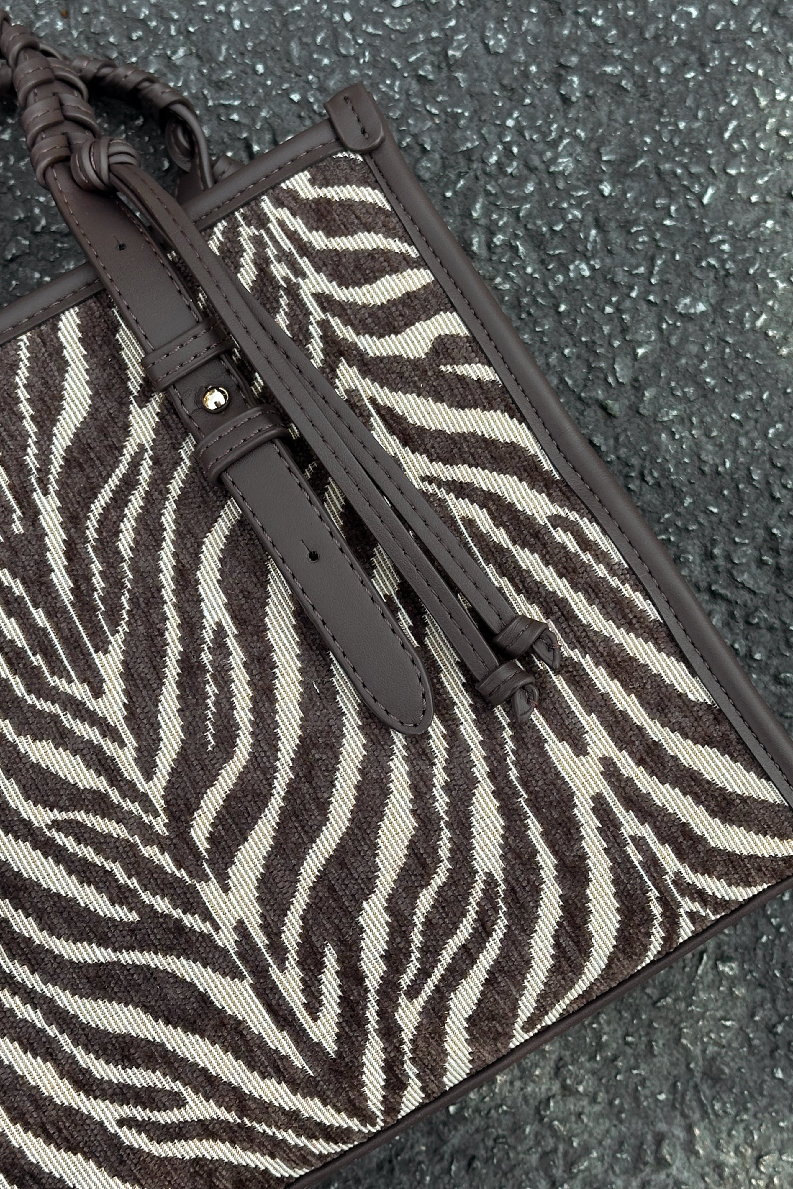 Dinsdale Chocolate Brown & Cream Zebra Purse- close up side view