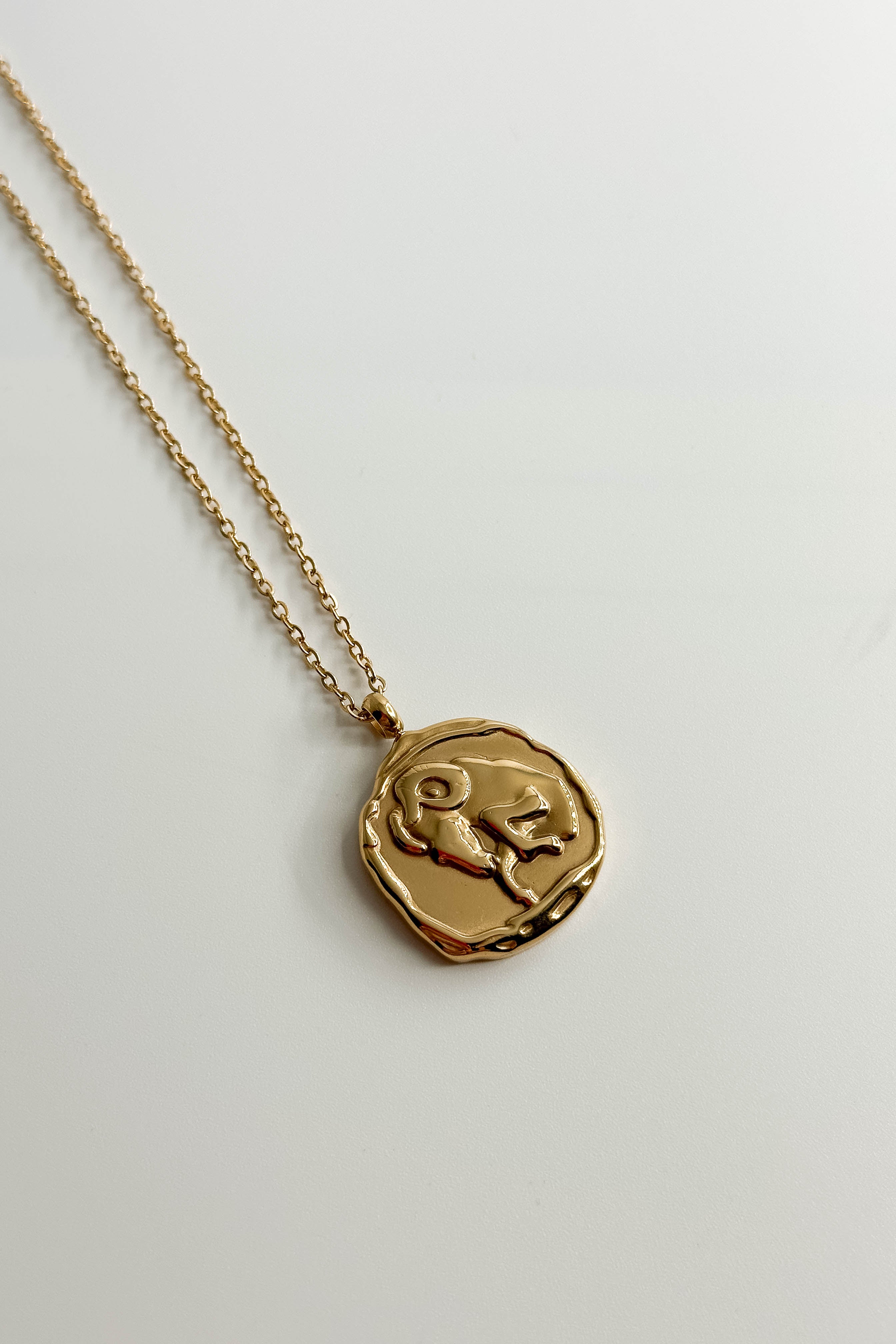 Image of the Aries Zodiac Gold Coin Necklace that has a ram on the coin. Shown against white background.