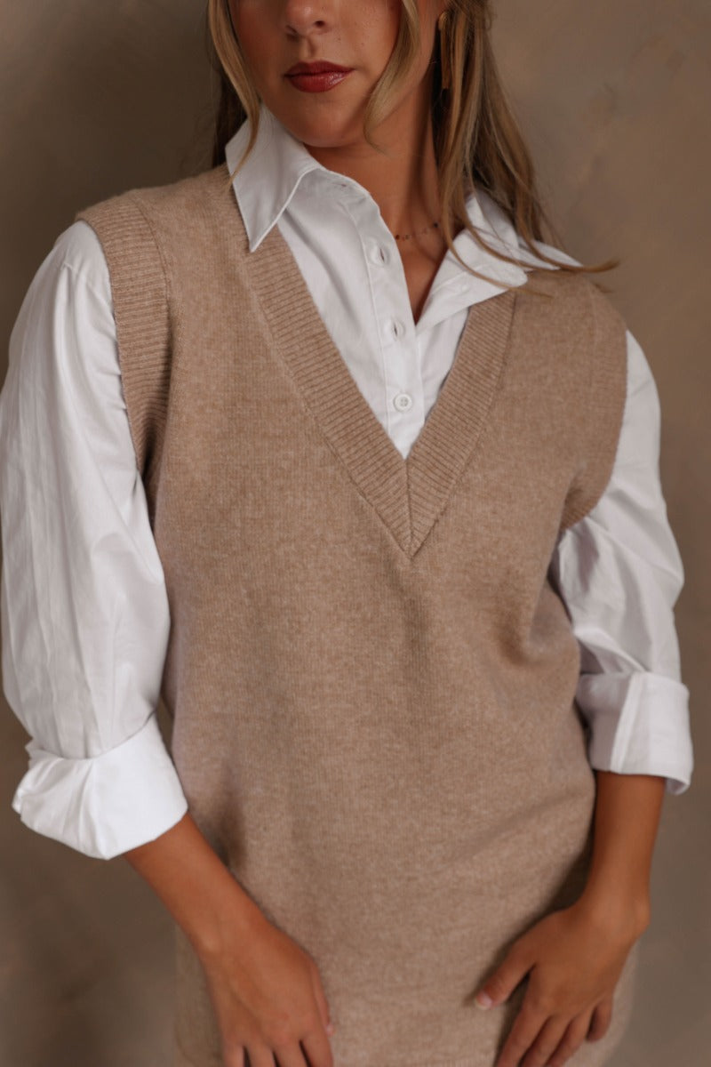 cream sweater vest dress Beige Sweater Vest Dress Two-in-One Collared Mini
