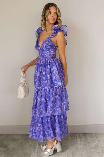 Harlow Blue & Purple Floral Ruffle Midi Dress - Lizard Thicket Harlow Blue & Purple Floral Ruffle Midi Dress - Lizard Thicket