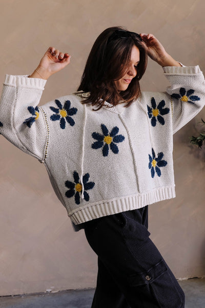 Daisy Floral Navy & Cream Long Sleeve Hoodie Sweater - Lizard Thicket