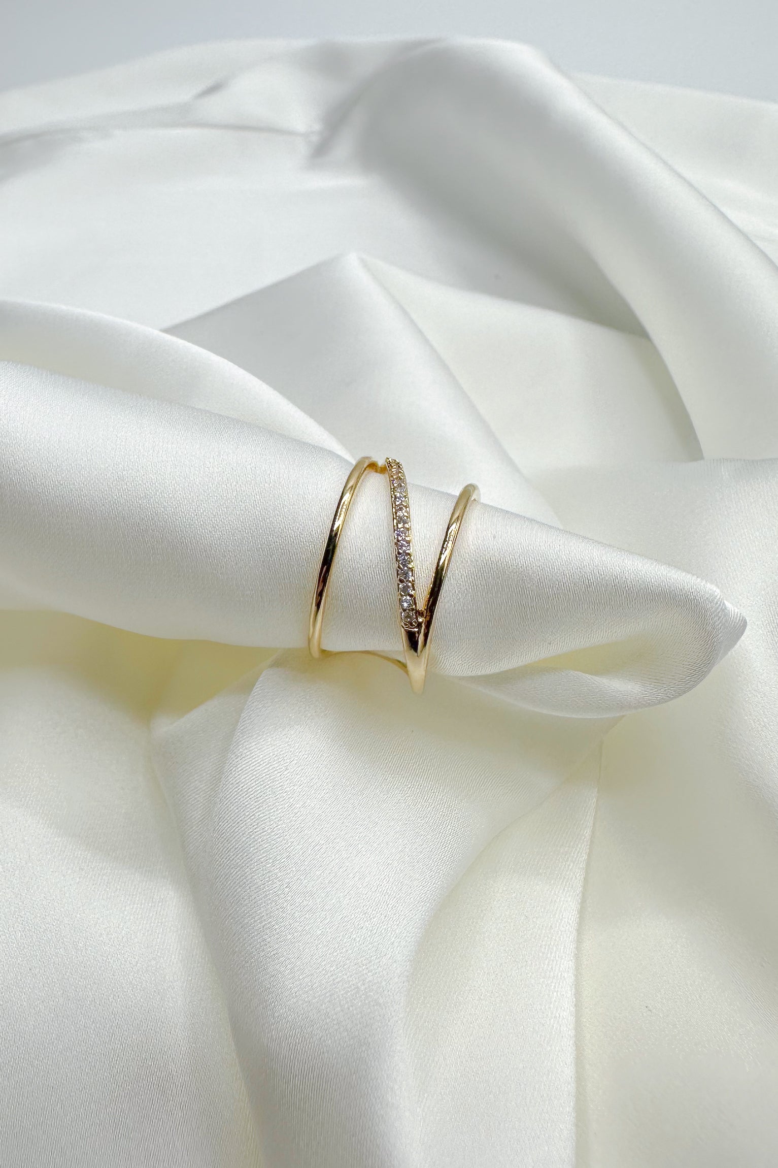 Thea Gold & Rhinestone Bands Ring- front view