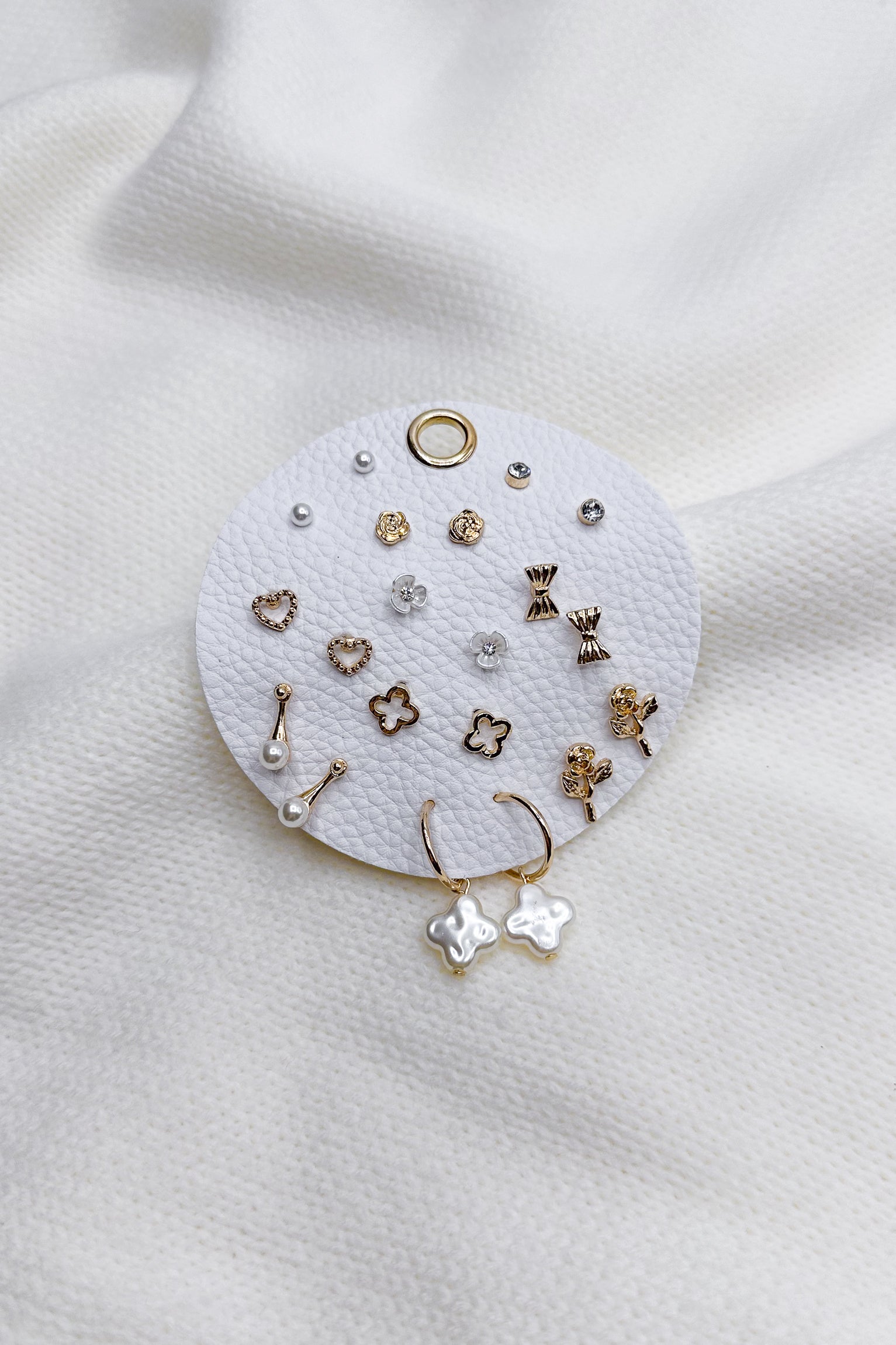 Kai Pearl & Gold Flower Stud Earring Set-flat lay view