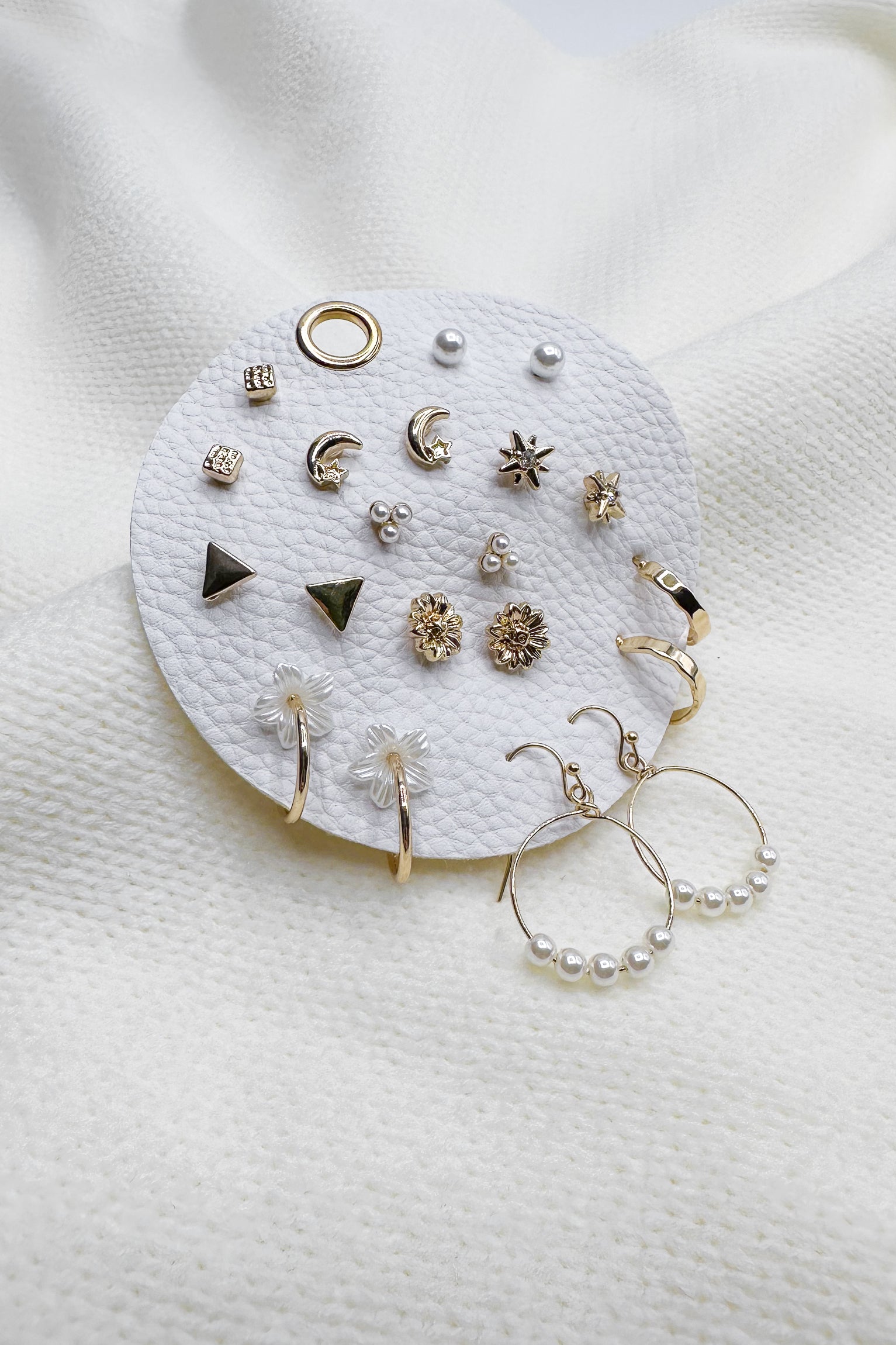 Evelyn Pearl Stud & Hoop Earring Set -gold-close up flat lay view