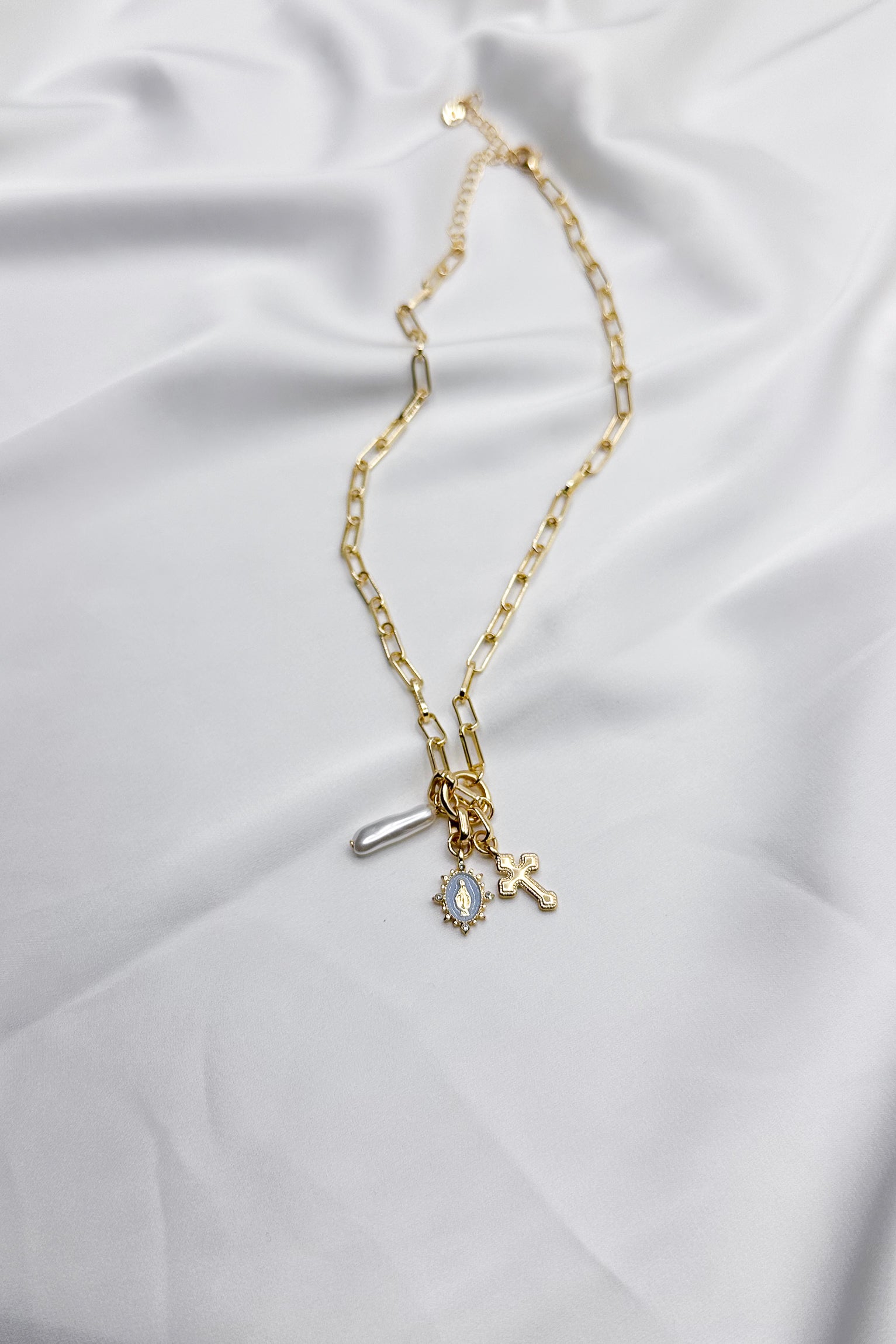 Celeste Gold Pearl & Cross Medallion Necklace- front view