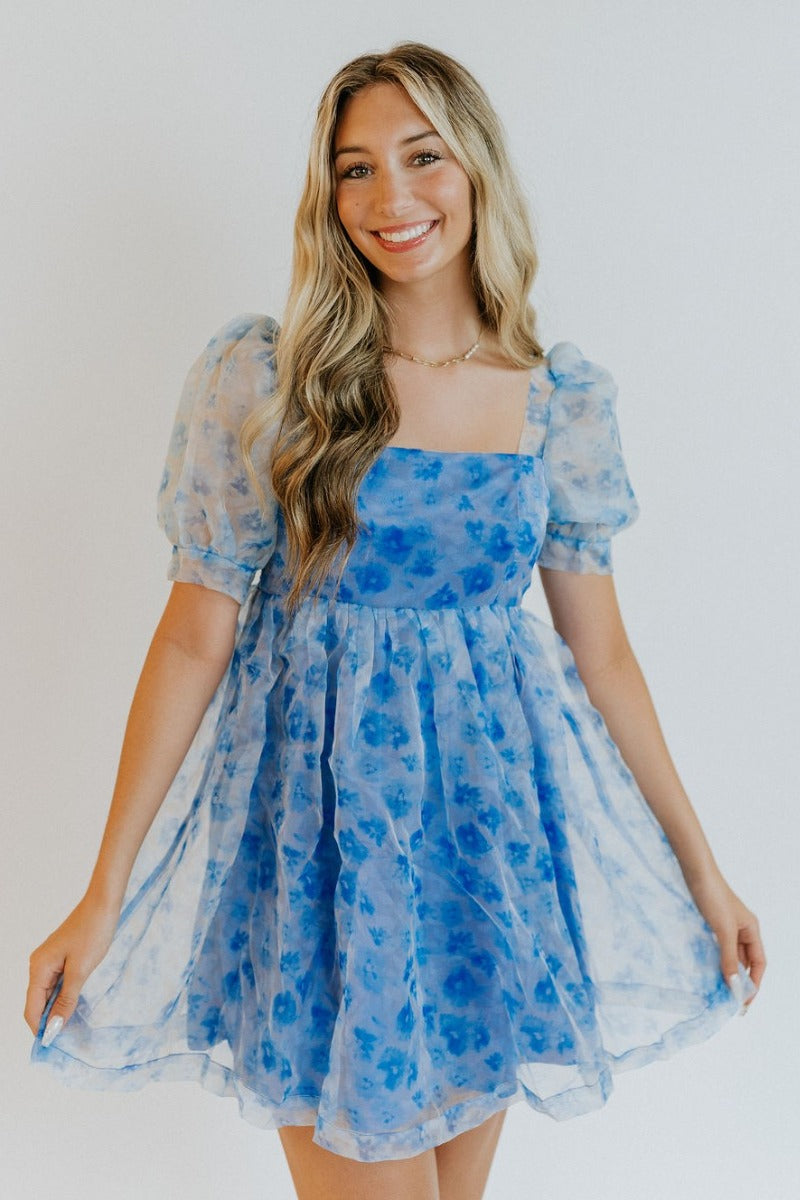 Blue Floral Babydoll Dress – Forget Me Not Organza Dress