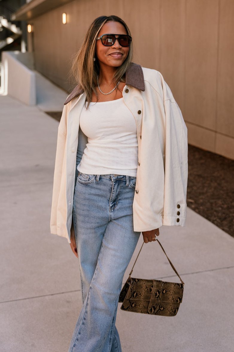 Malia Cream & Taupe Button-Up Jacket- close up front view