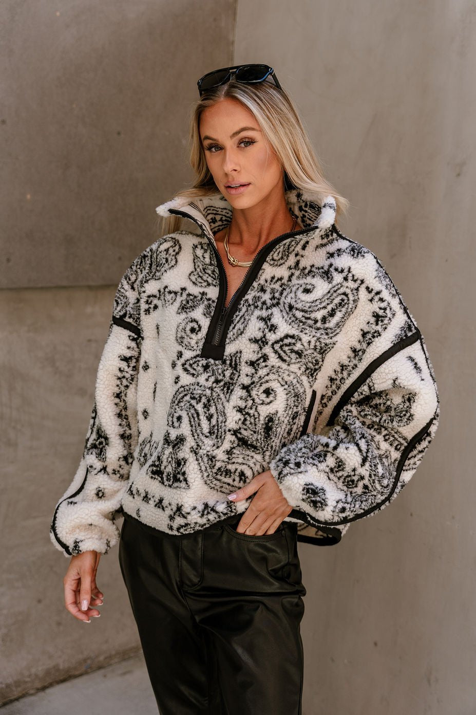 Aida Cream & Black Paisley Sherpa Pullover- front view