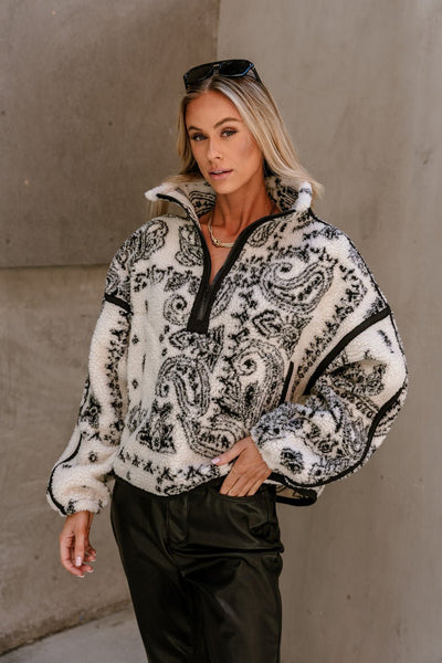 Aida Cream & Black Paisley Sherpa Pullover - Lizard Thicket