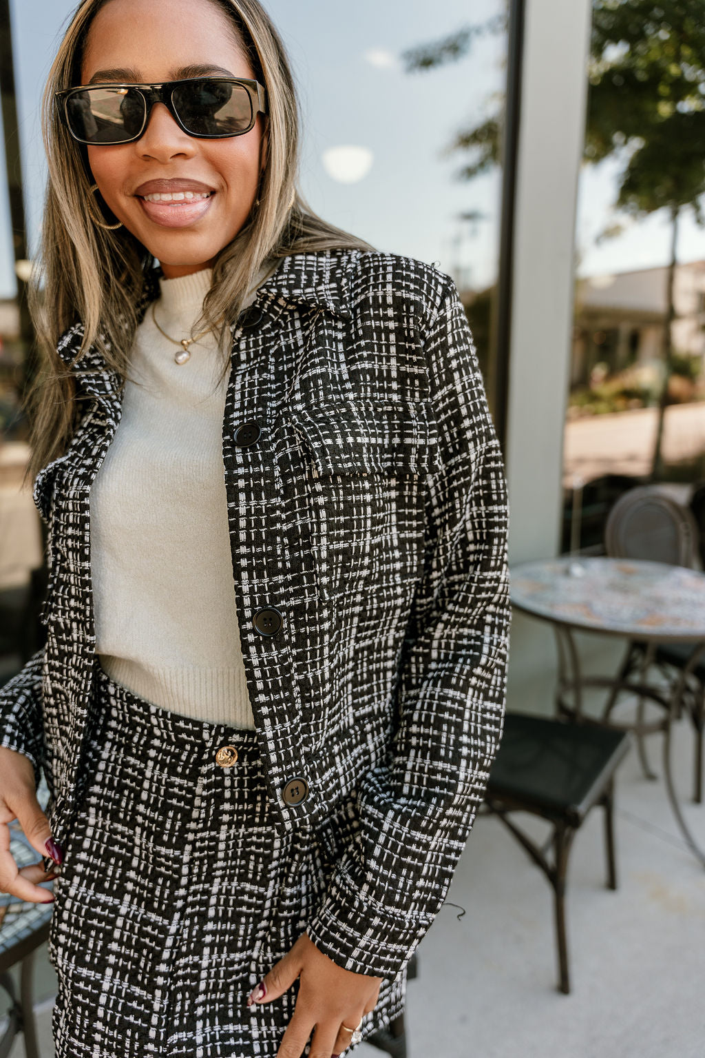 Polly Black & White Tweed Jacket - close frontal view