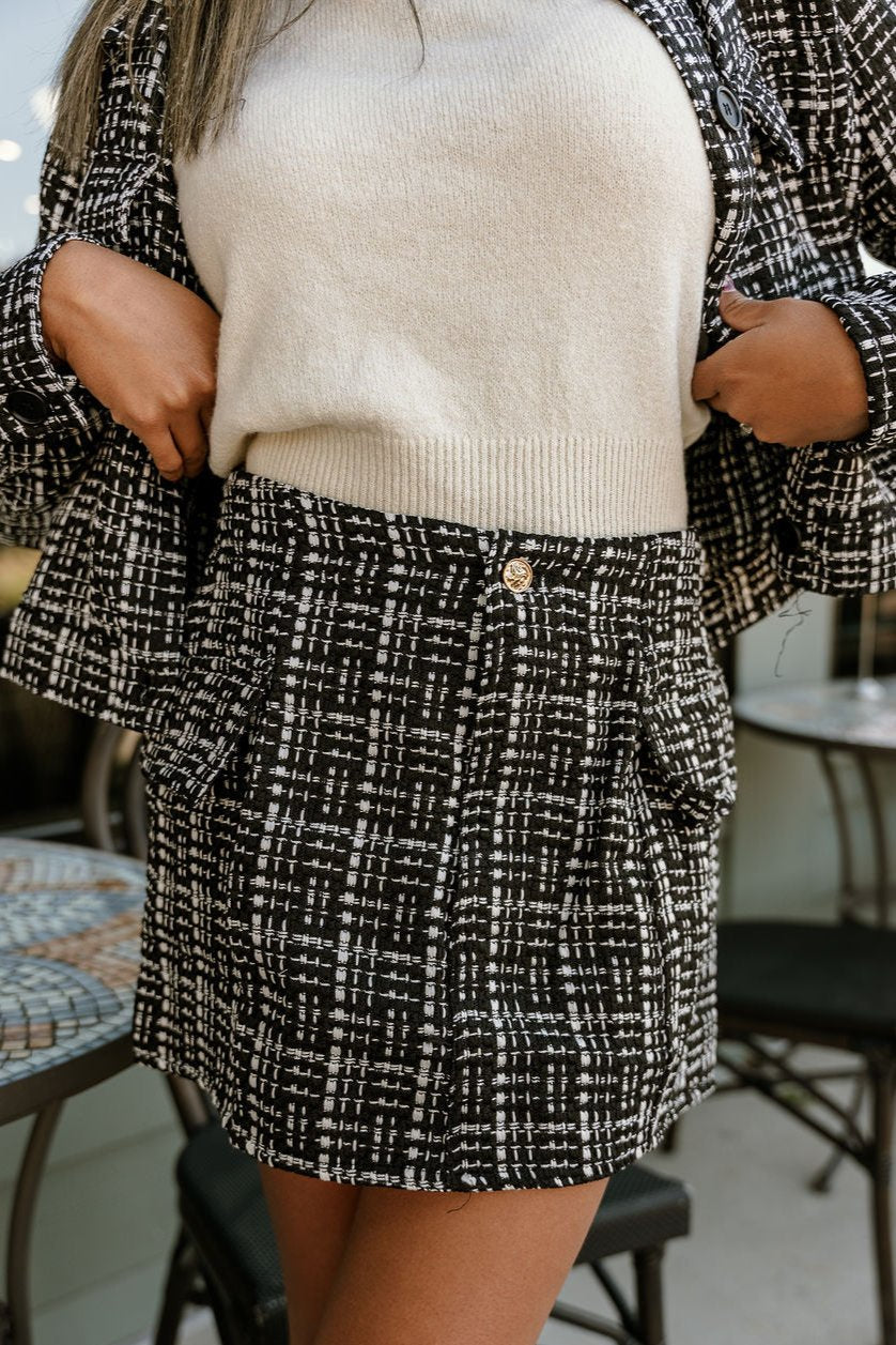 Polly Black & White Tweed Skirt - close front view