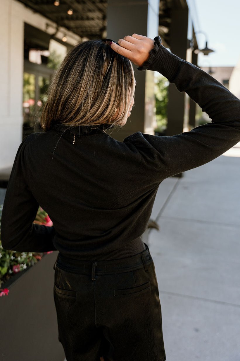 Josie Black Ruffle High Neck Top- top back view