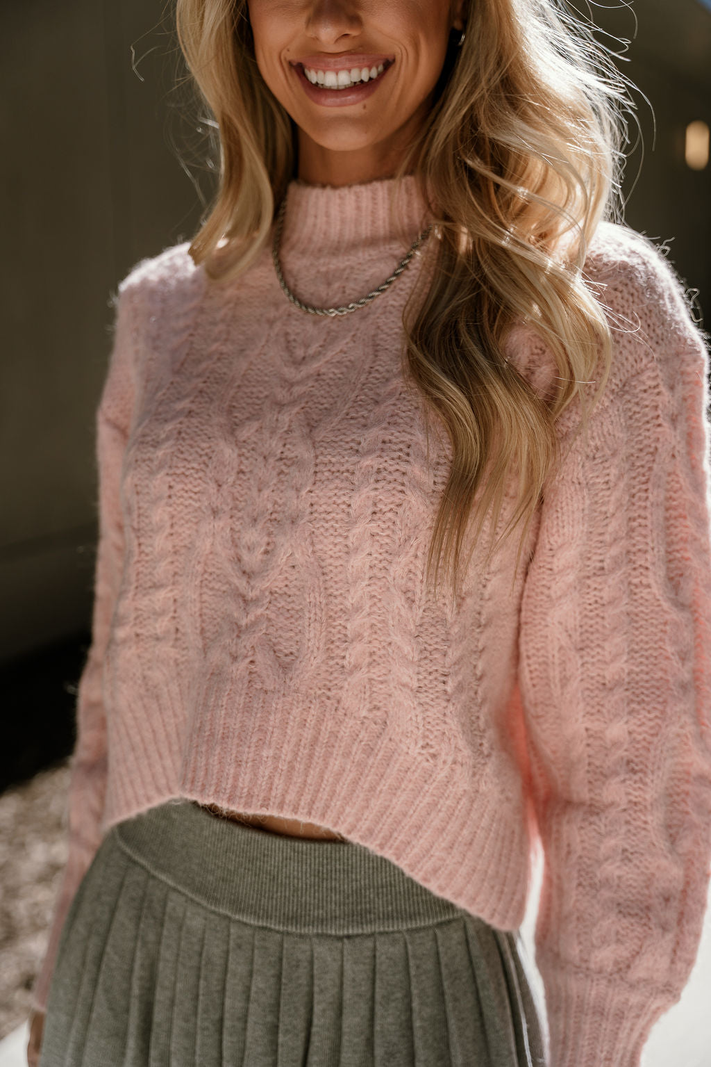 Luna Light Pink High Neckline Sweater-close up view