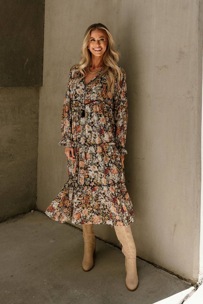 Kellyn Black Floral Long Sleeve Midi Dress - full body front view