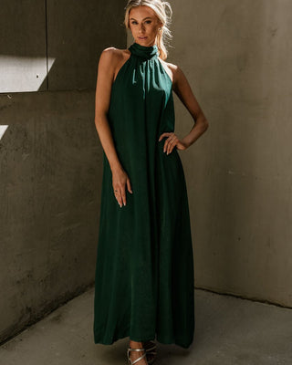 Khloe Green Satin Halter Maxi Dress- full body view