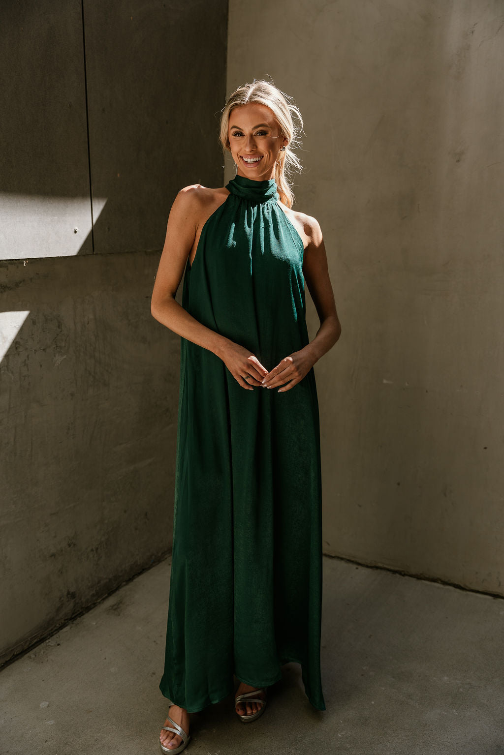 Khloe Green Satin Halter Maxi Dress- top view