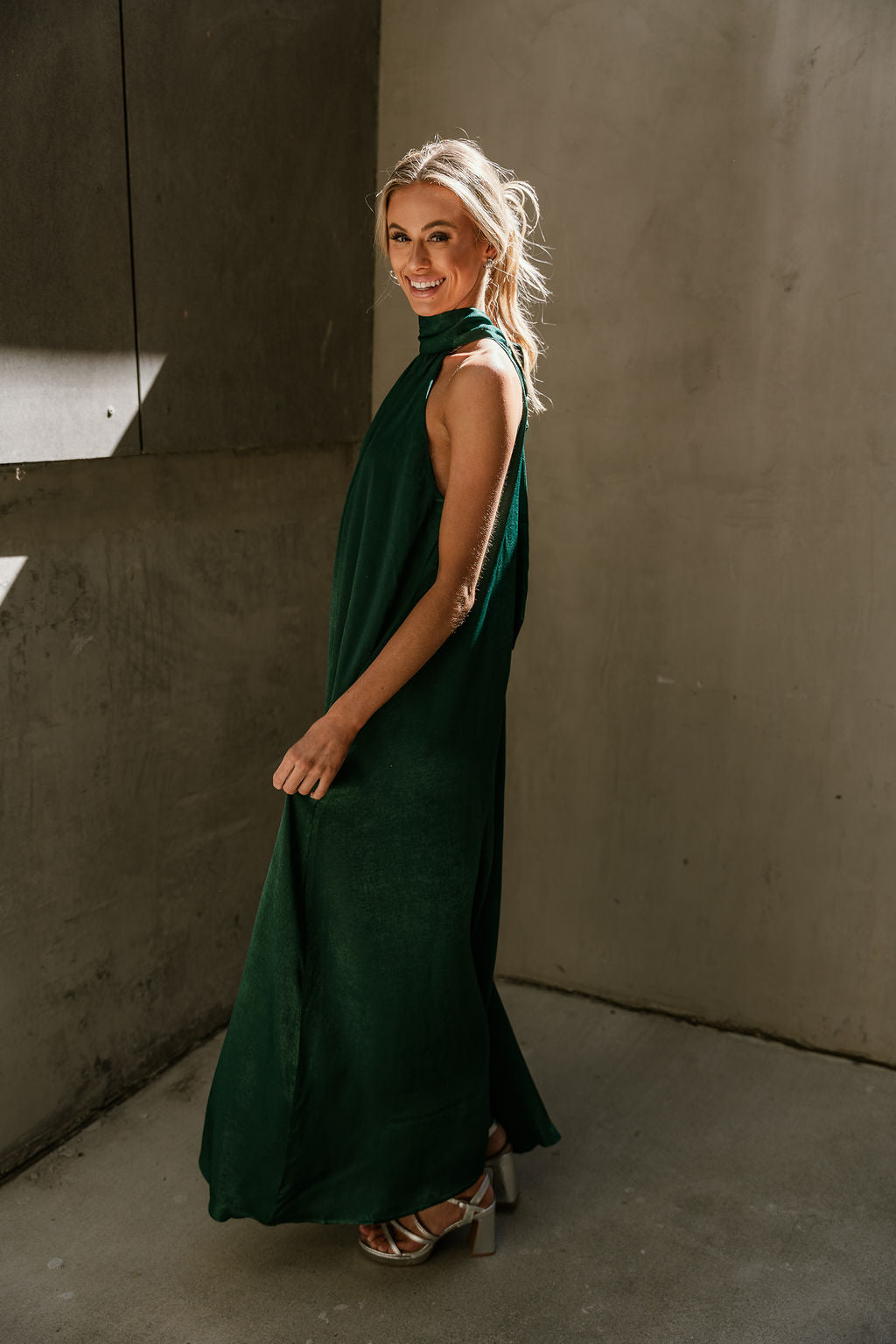 Khloe Green Satin Halter Maxi Dress- full body side view