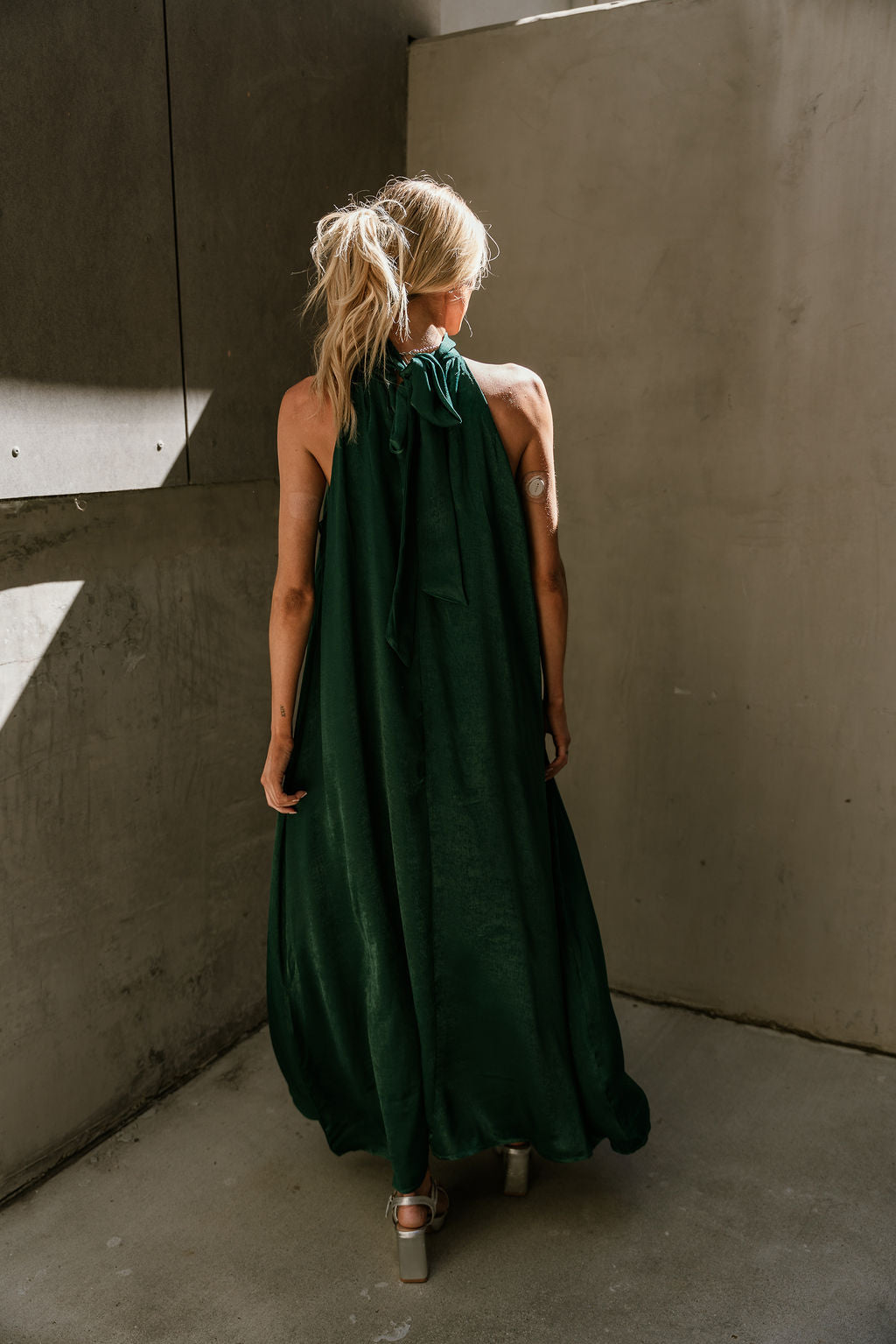 Khloe Green Satin Halter Maxi Dress- full body back view