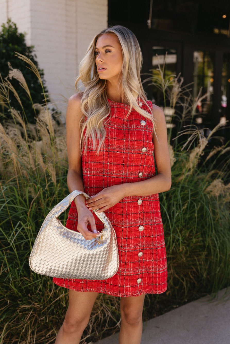 red plaid tweed dress Prosperina Portia Green Multi Plaid Tweed Shift Dress