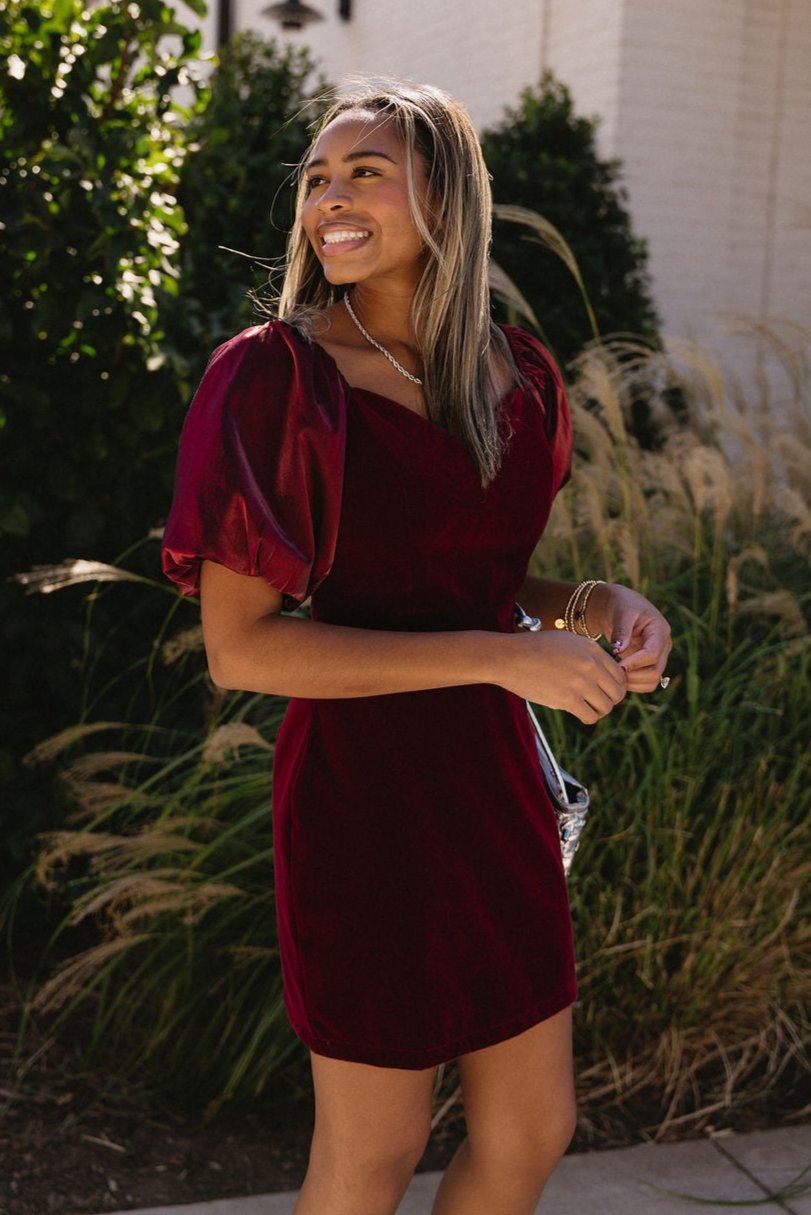 Eleanor Burgundy Velvet Puff Sleeve Dress - frontal view