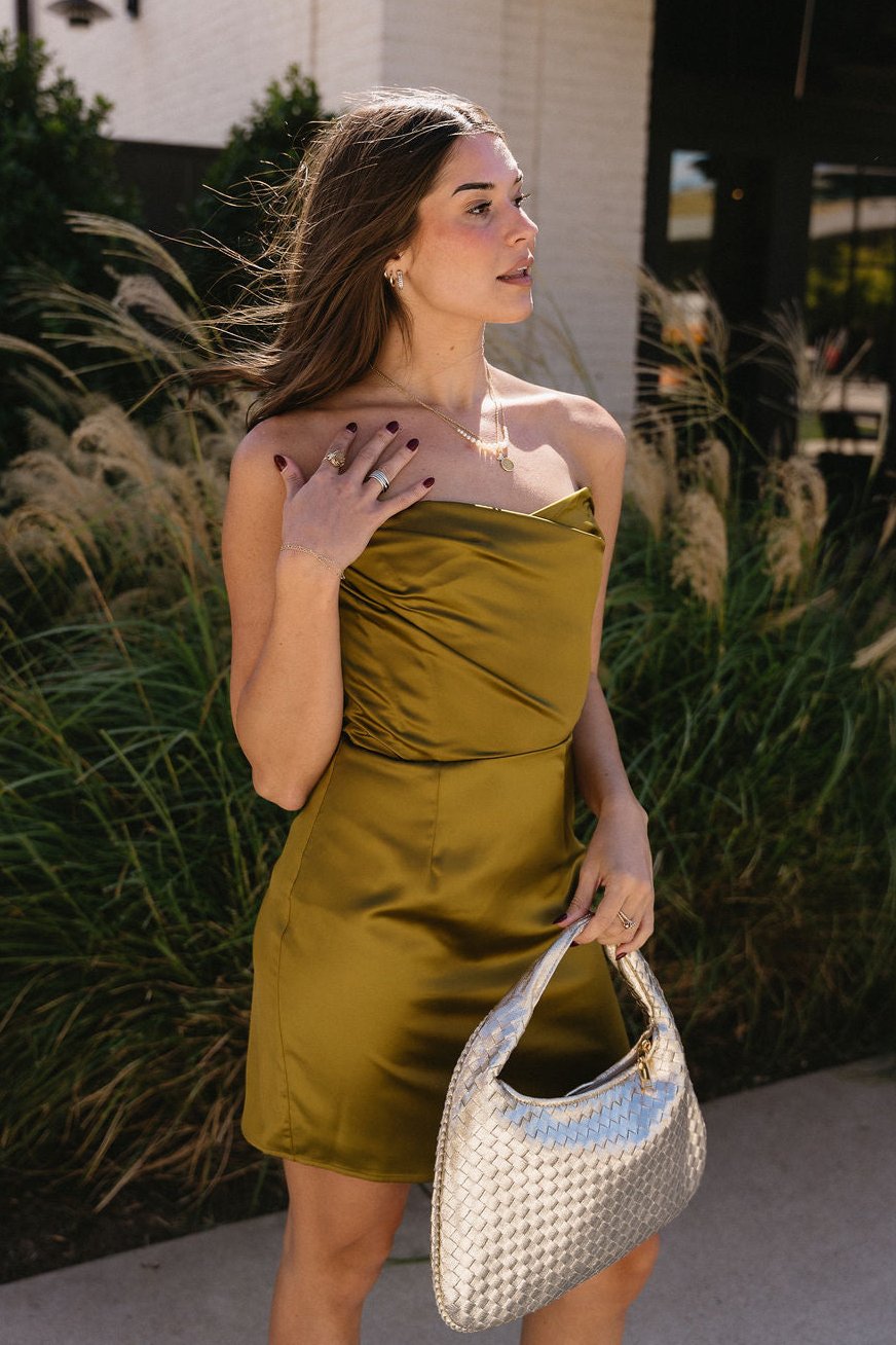Alexia Olive Satin Strapless Mini Dress L Alexia Olive Satin Strapless Mini Dress L