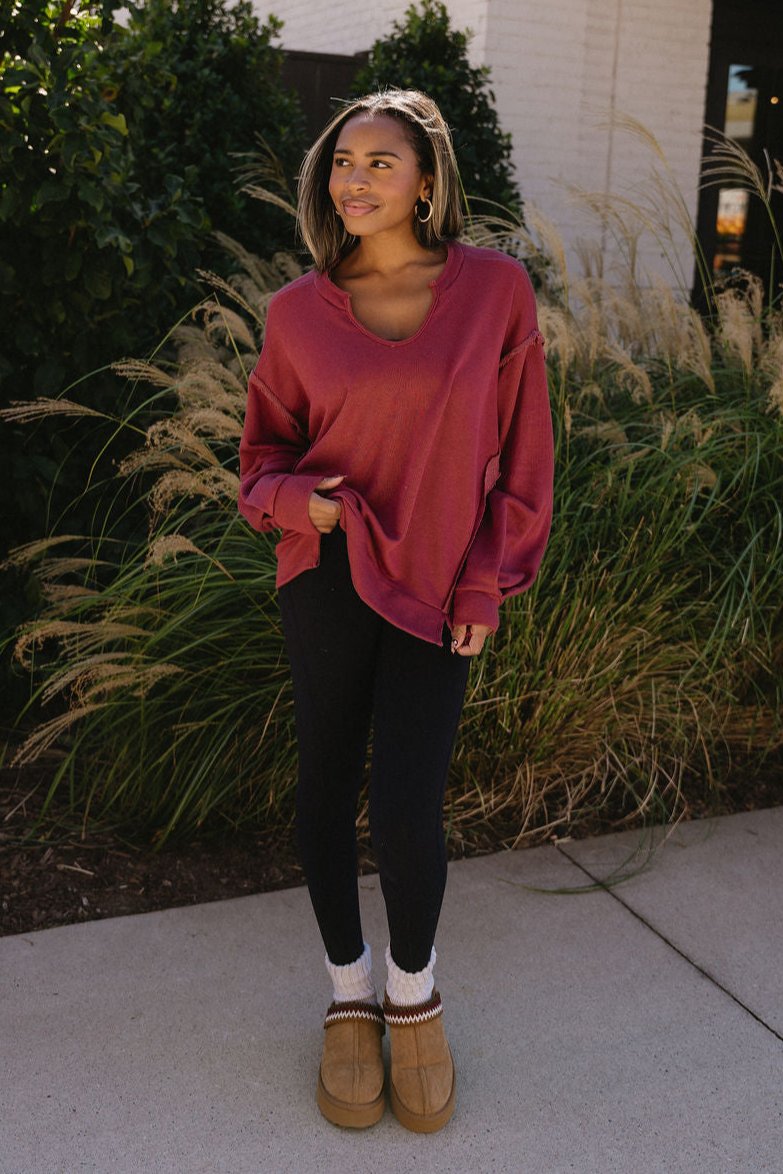 Leona Scoop Neckline Long Sleeve Sweatshirt- red- full body view