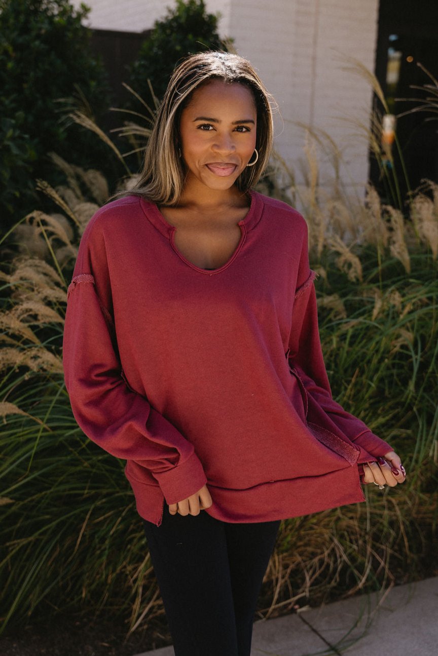 Leona Scoop Neckline Long Sleeve Sweatshirt- red- front view