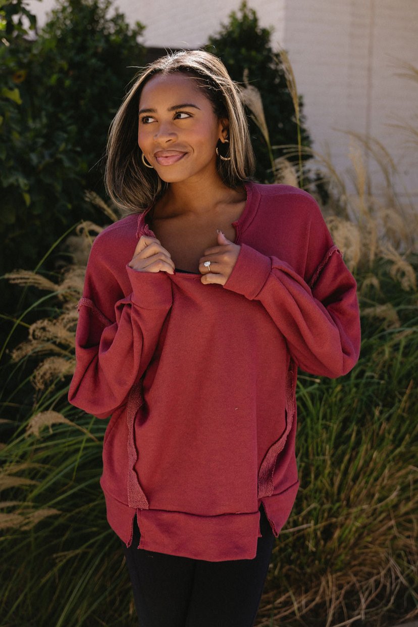 Leona Scoop Neckline Long Sleeve Sweatshirt- red- close up front view