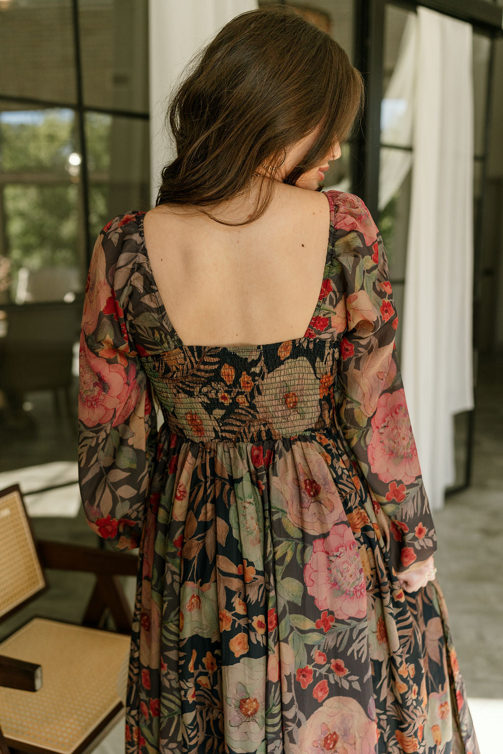 Meadow Midnight Blue Multi Floral Midi Dress- close up back view