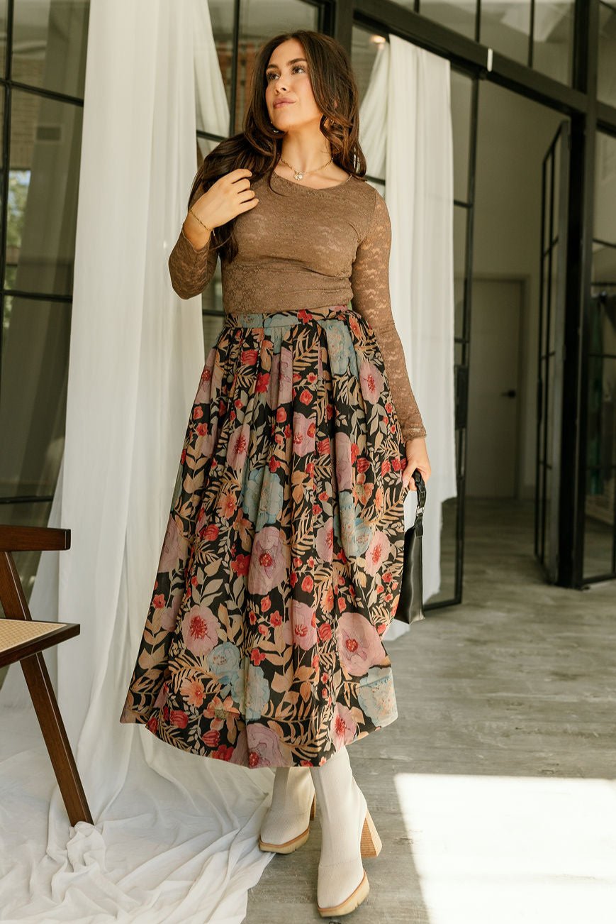 Faith Black Multi Floral Midi Skirt- full body view