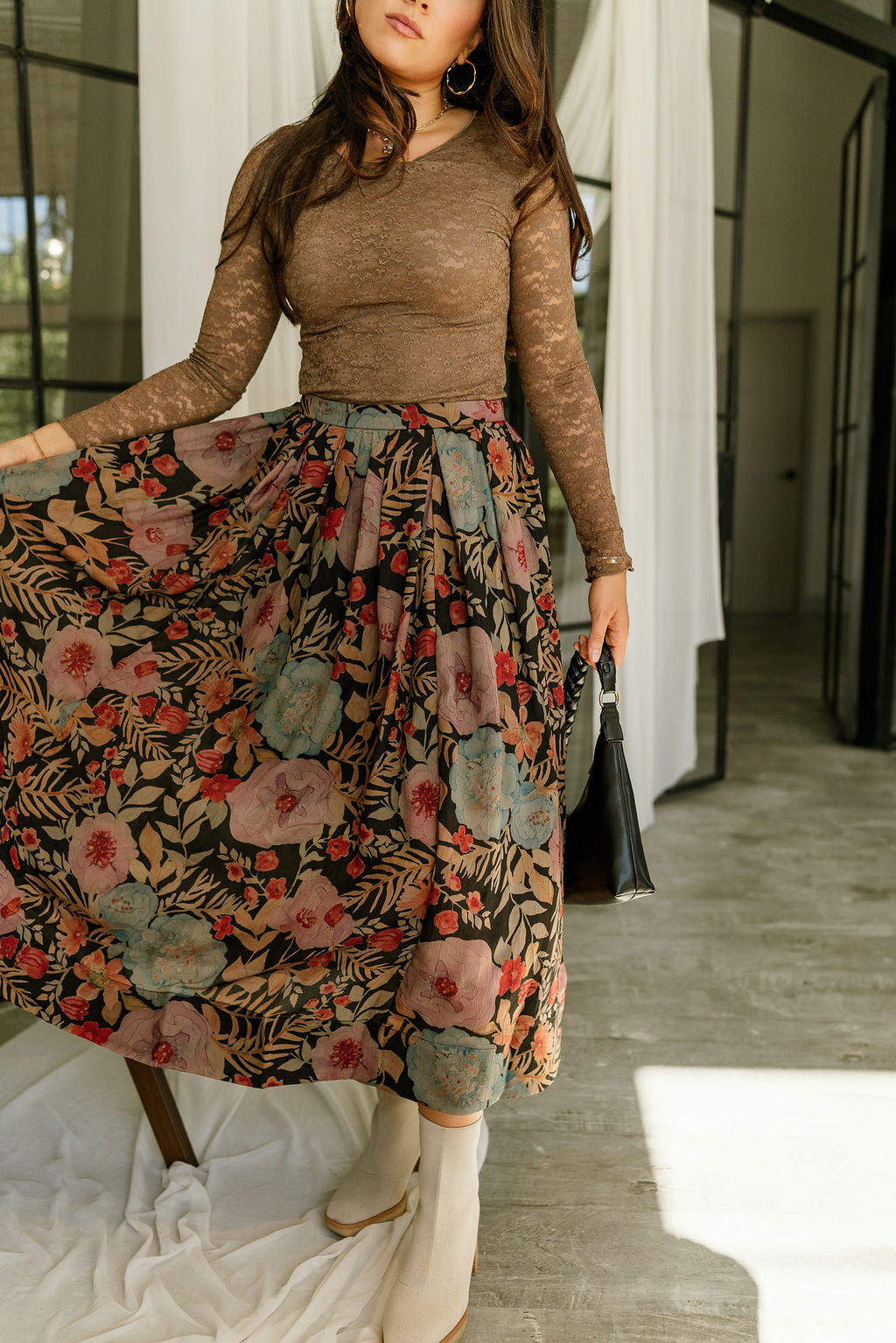 Faith Black Multi Floral Midi Skirt- close up front view