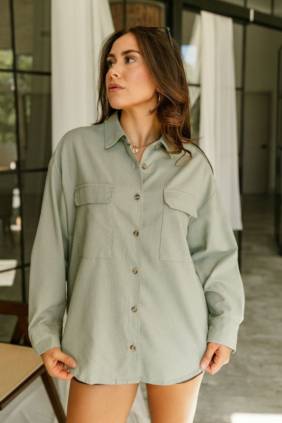 Avery Sage Button-Up Long Sleeve Top- front view