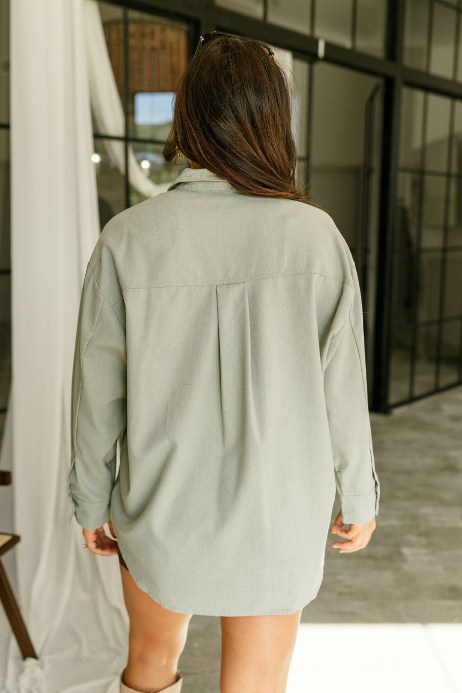 Avery Sage Button-Up Long Sleeve Top- back view