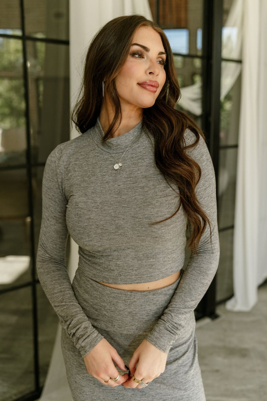 Natalie Long Sleeve Cropped Top- grey -front view