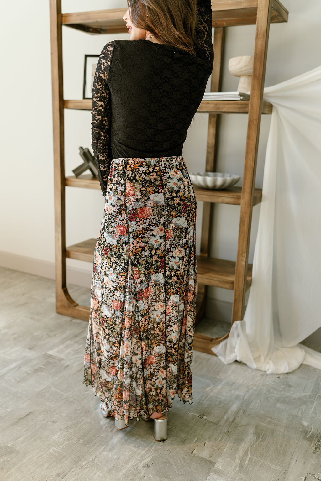 Ava Black Multi Floral Midi Skirt- back view