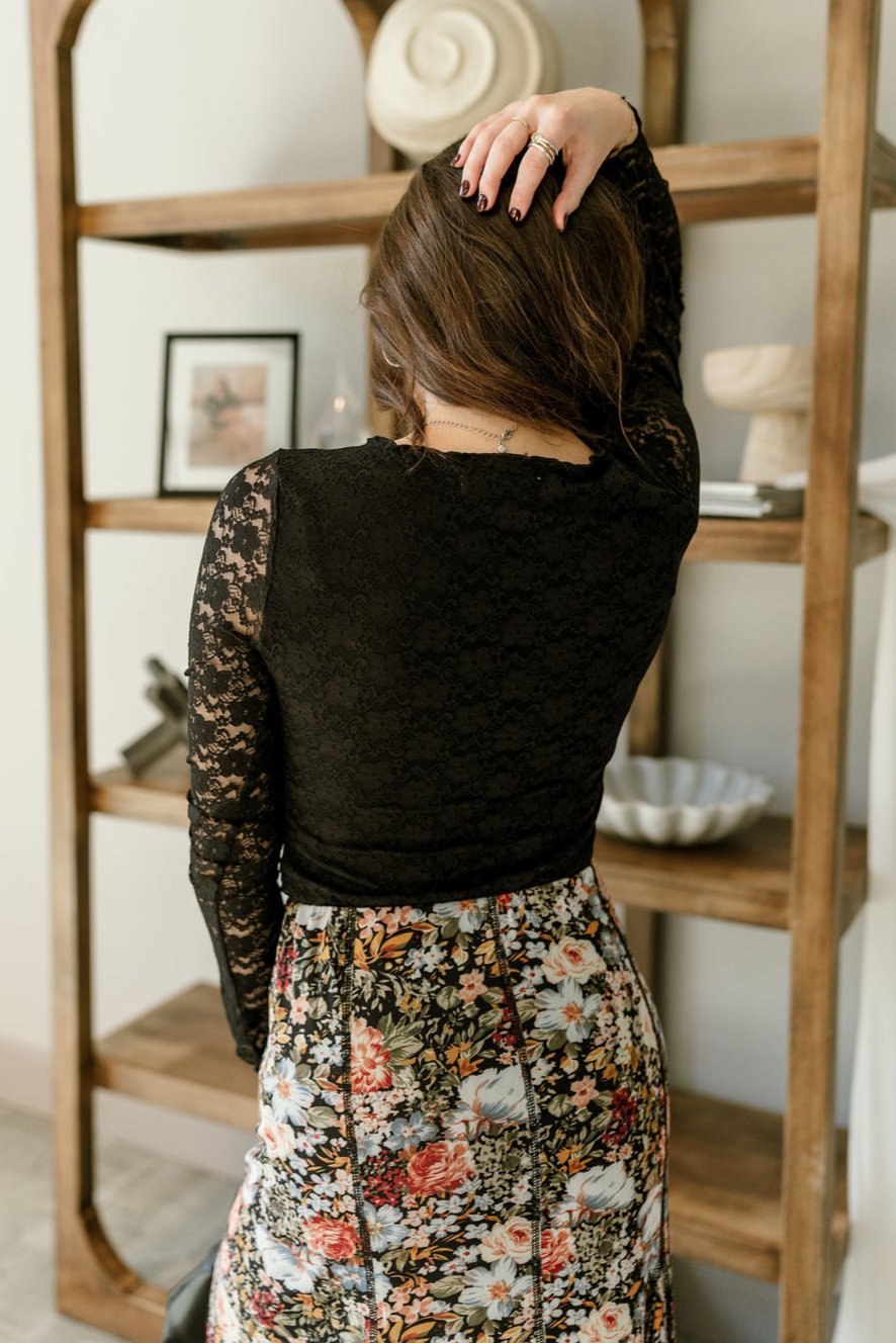 Sophia Lace Long Sleeve Bodysuit- black - back view