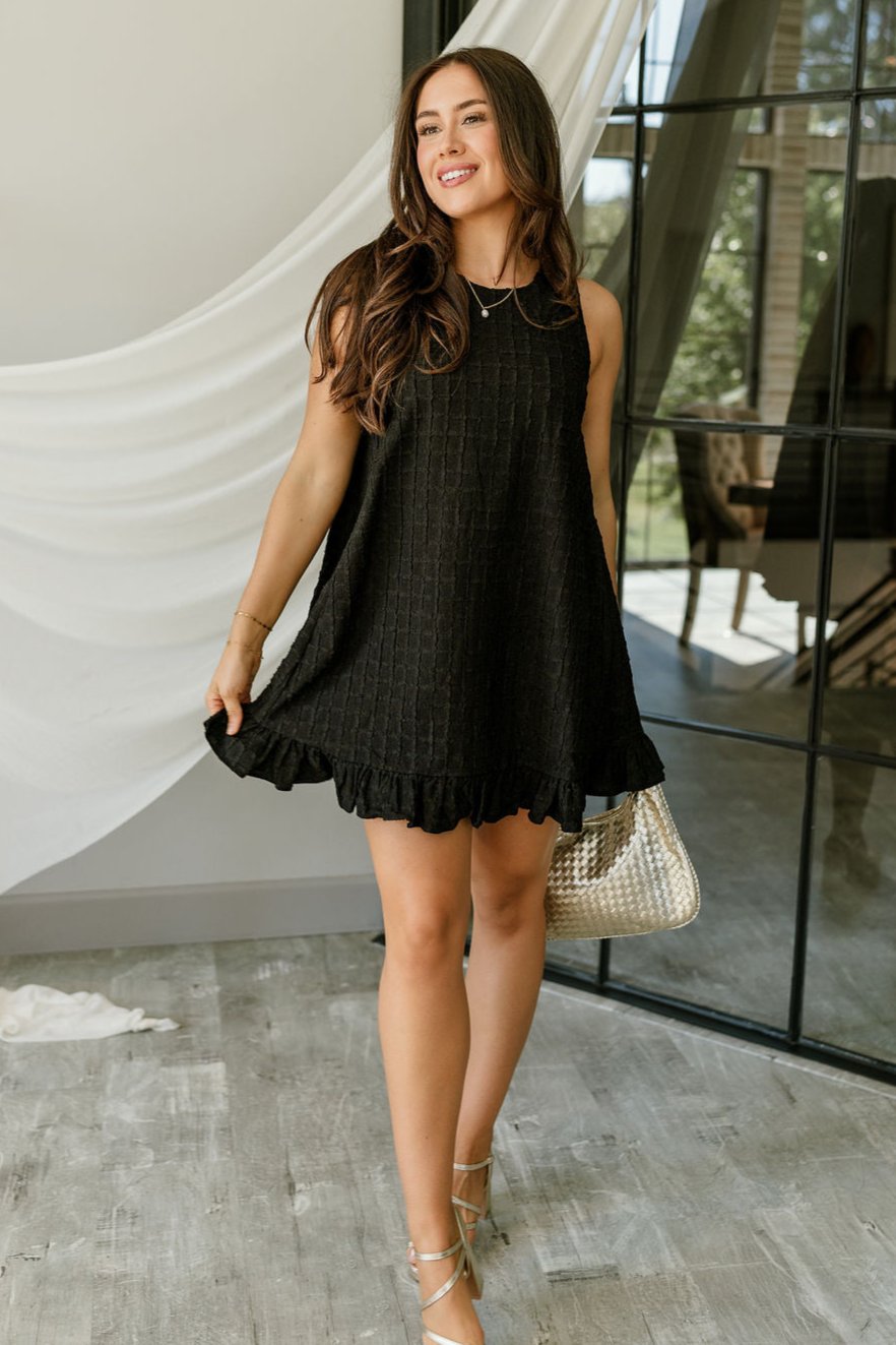 Rylee Pearl & Black Textured Mini Flare Dress- full body view