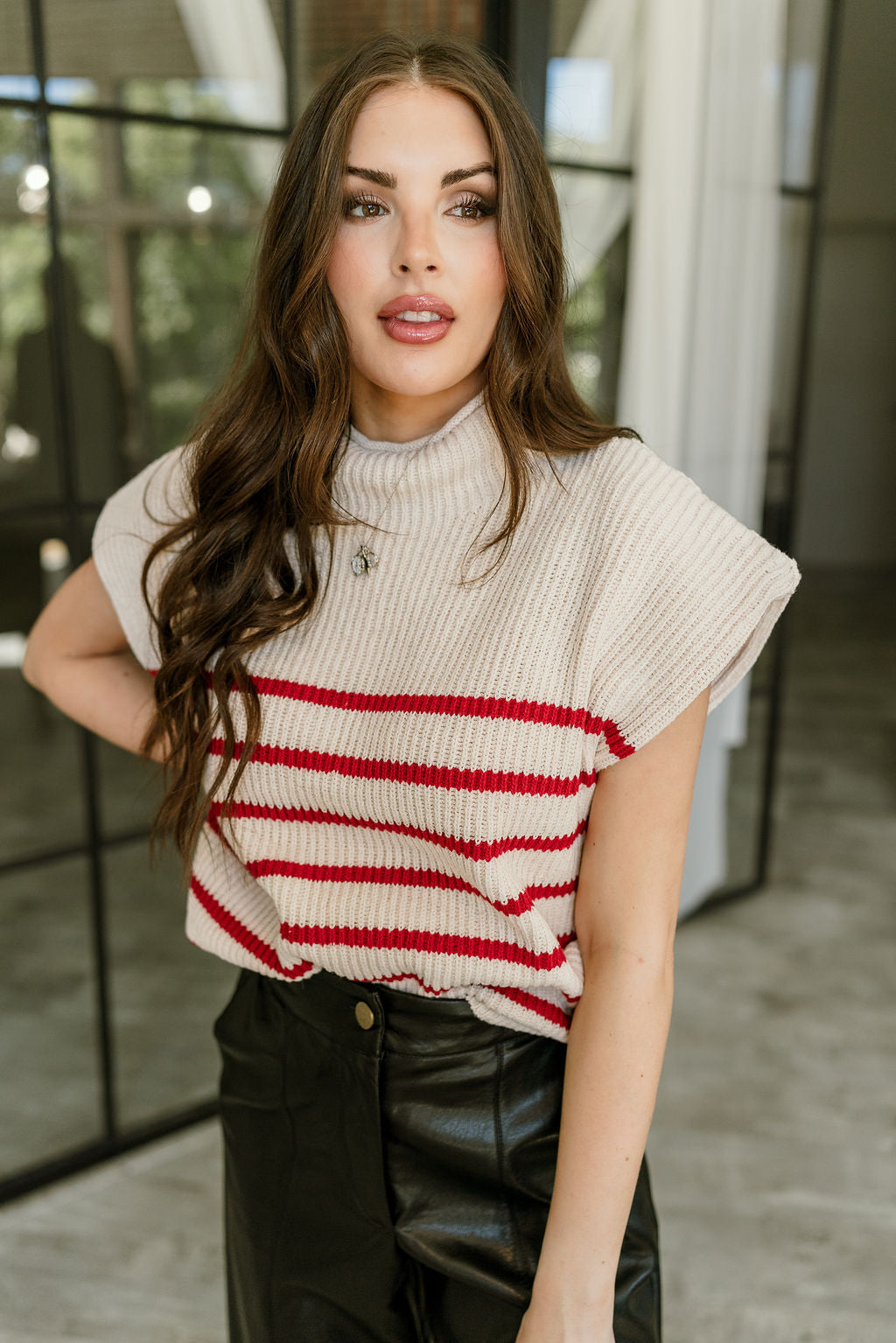 Laurel Cream & Red Striped Sweater - close front view