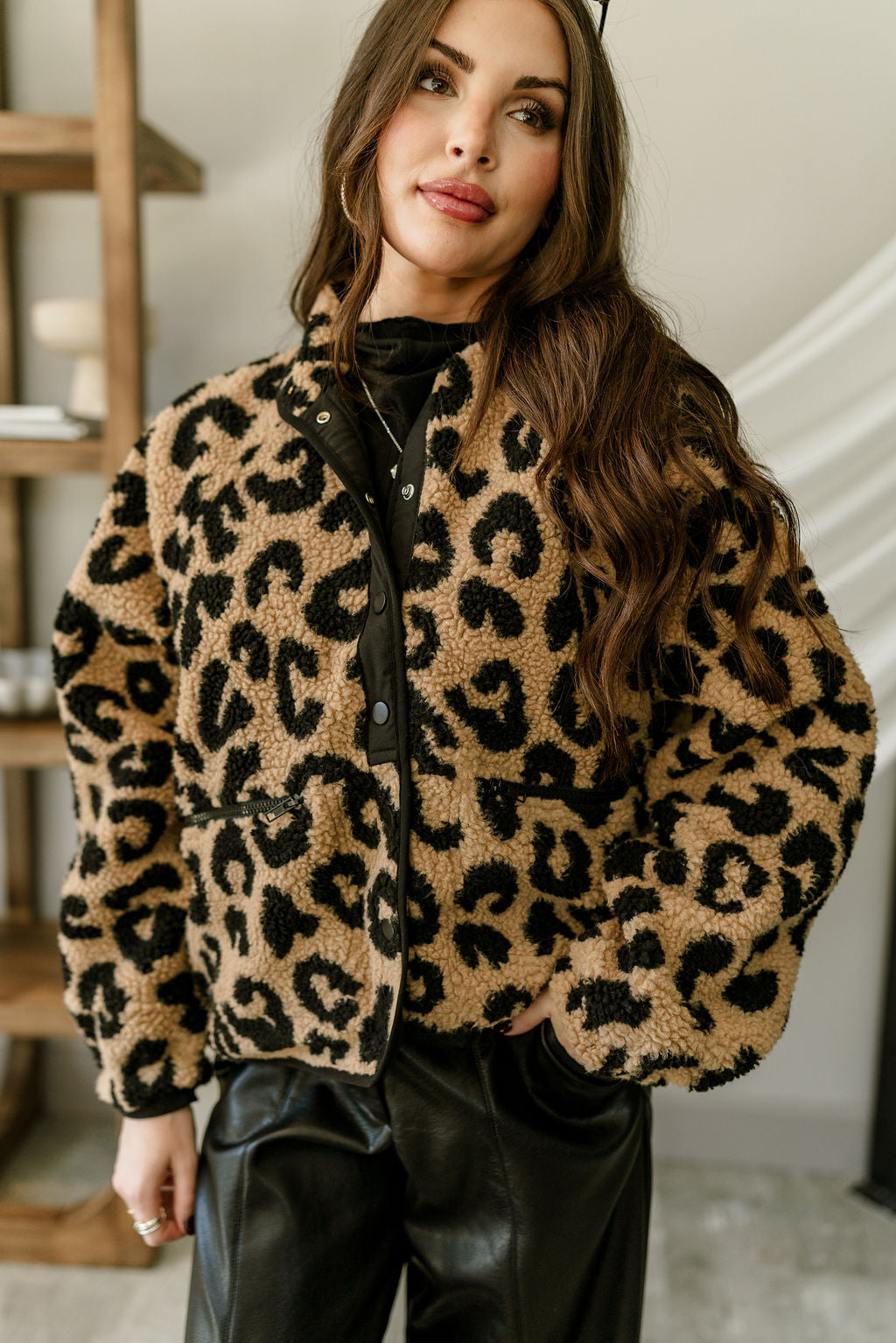 Kensley Leopard Print Teddy Jacket - buttoned up front view