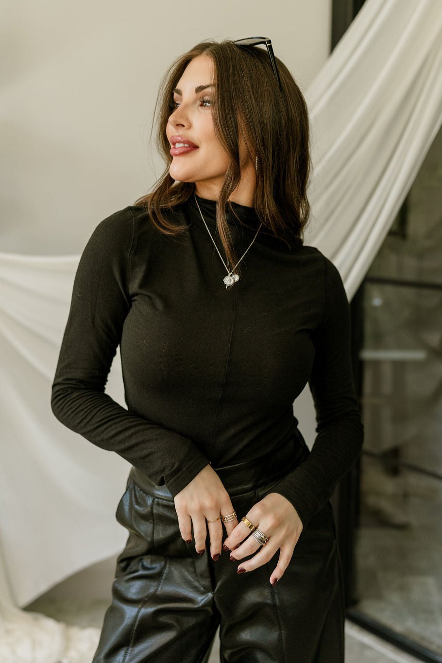 Whitley Black Mock Neck Top - front view